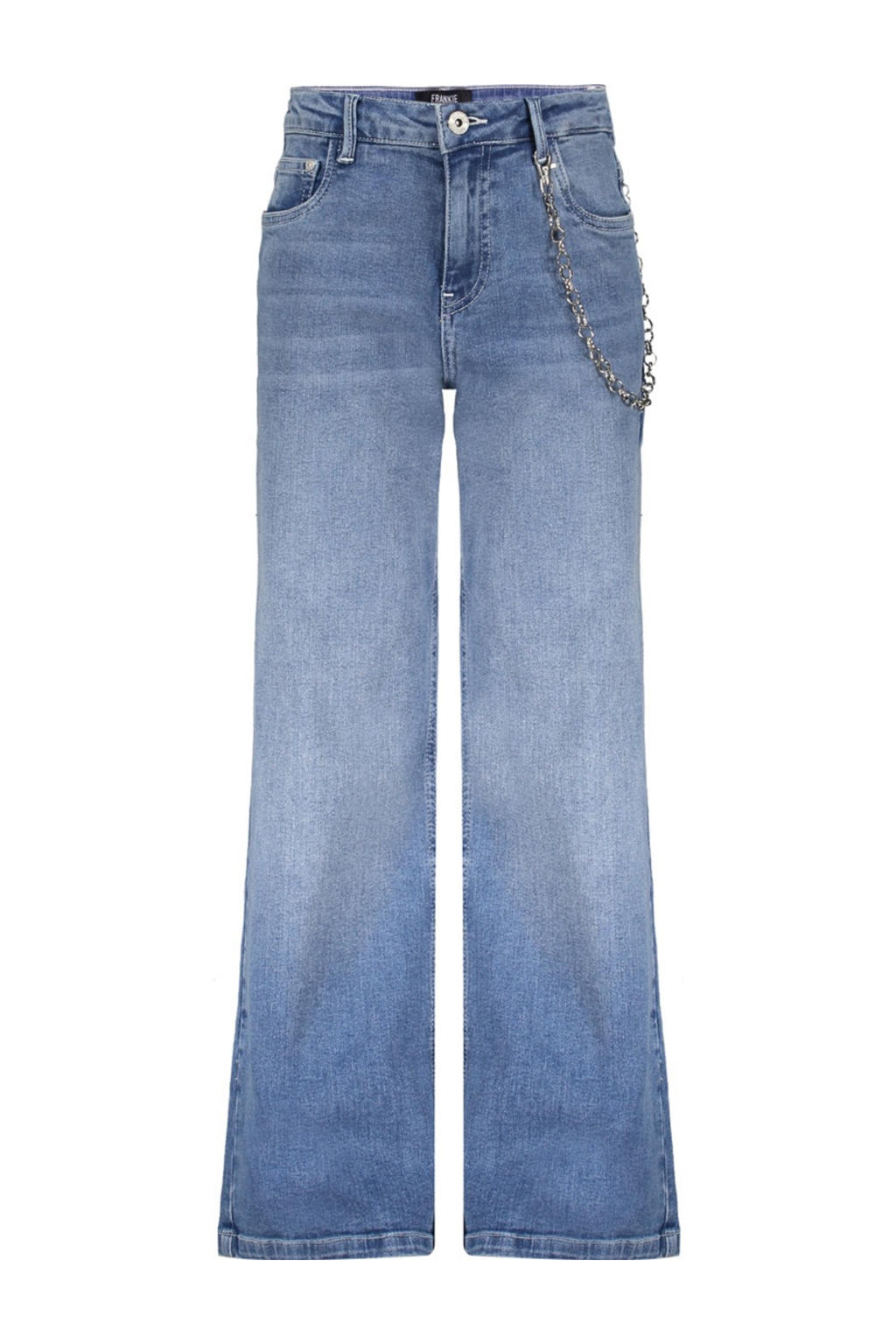 Medium blue denim meisjes Frankie&Liberty wide leg high waist jeans van stretchdenim met rits- en knoopsluiting en effen