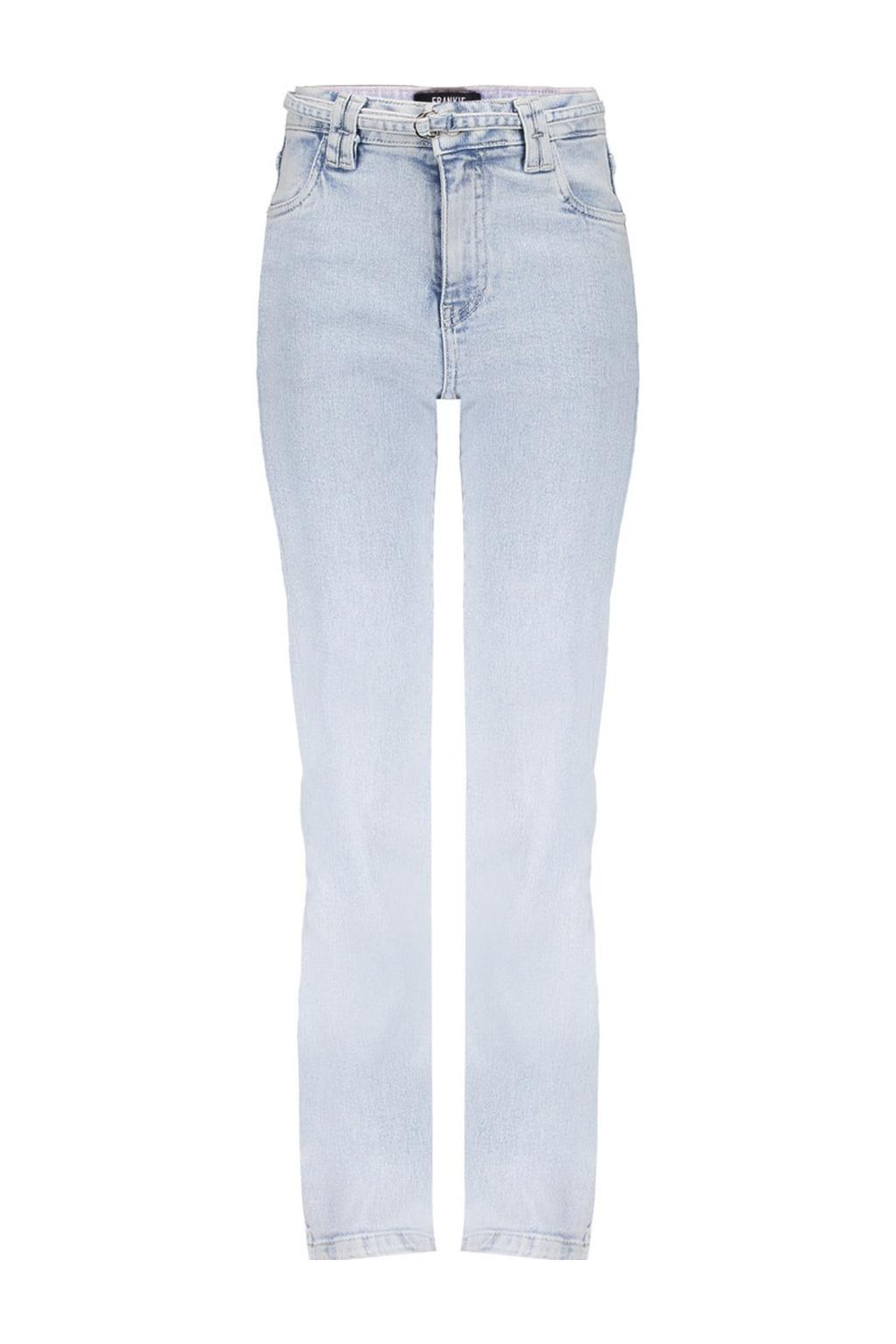 Light blue denim meisjes Frankie&Liberty jeans regular high waist van stretchdenim met rits- en knoopsluiting en effen