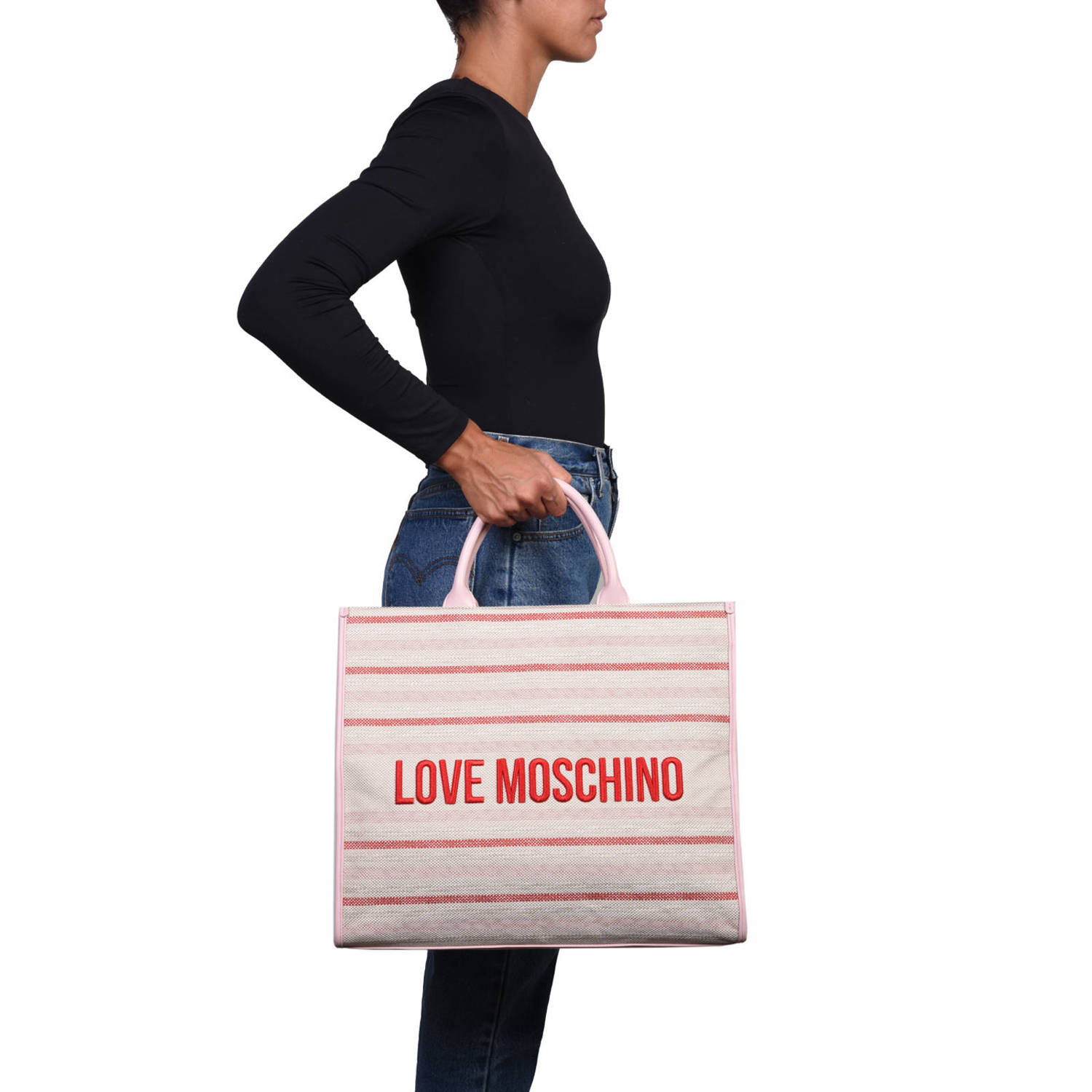 Love Moschino gestreepte shopper Flower roze