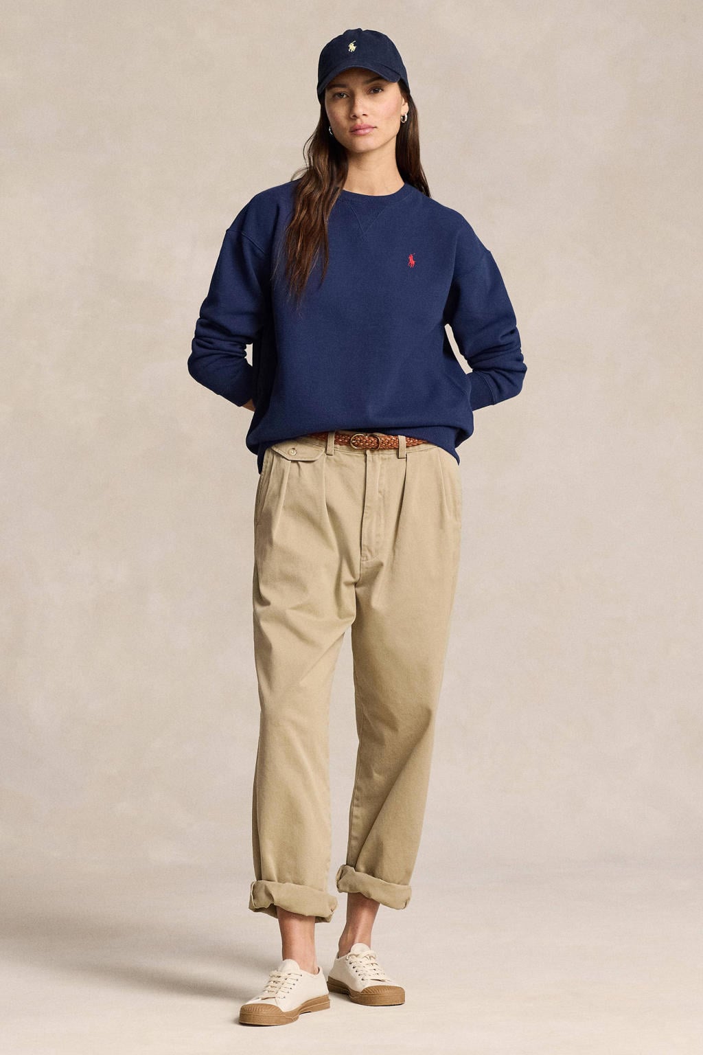 Donkerblauwe dames POLO Ralph Lauren trui van katoen met logo dessin, lange mouwen en ronde hals