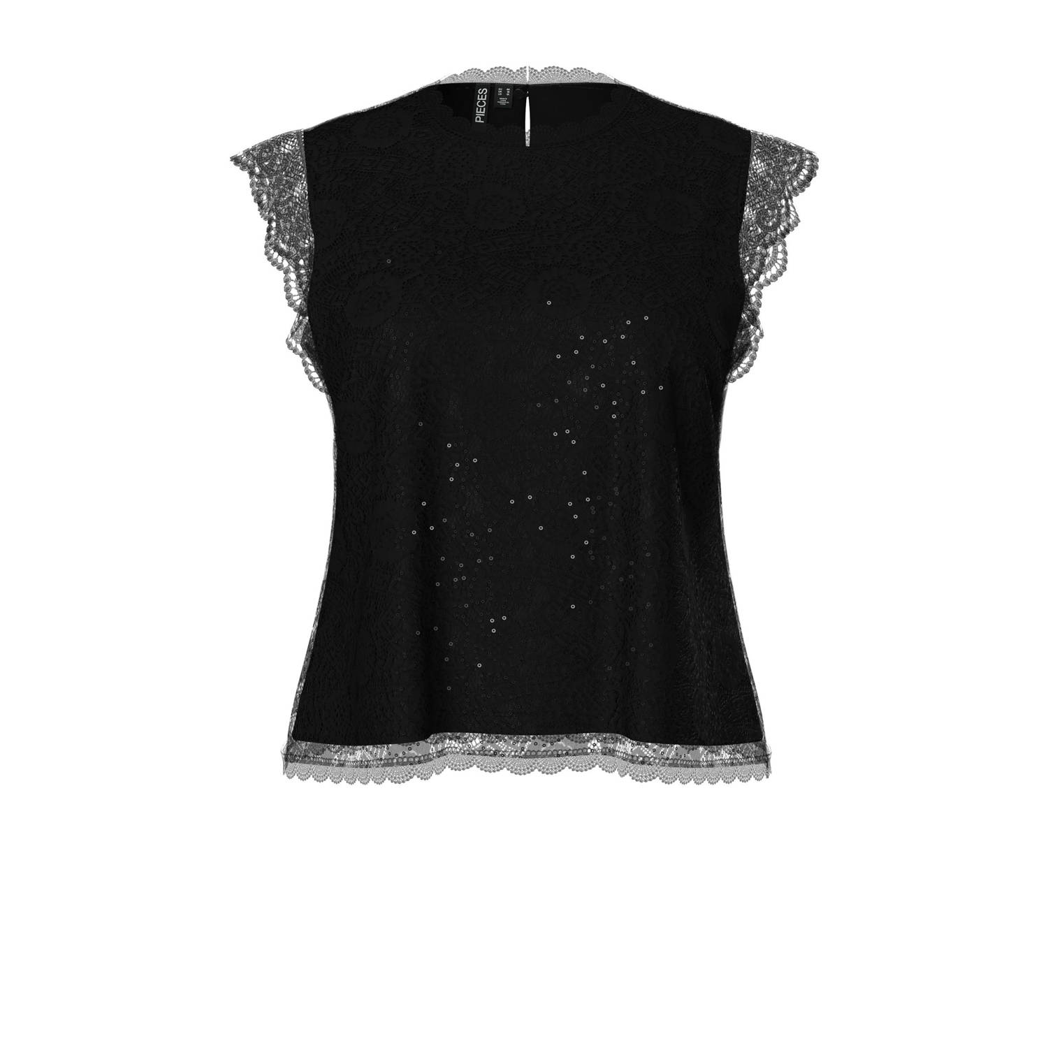 PIECES Curve top PCOLLINE met glitters en kant zwart