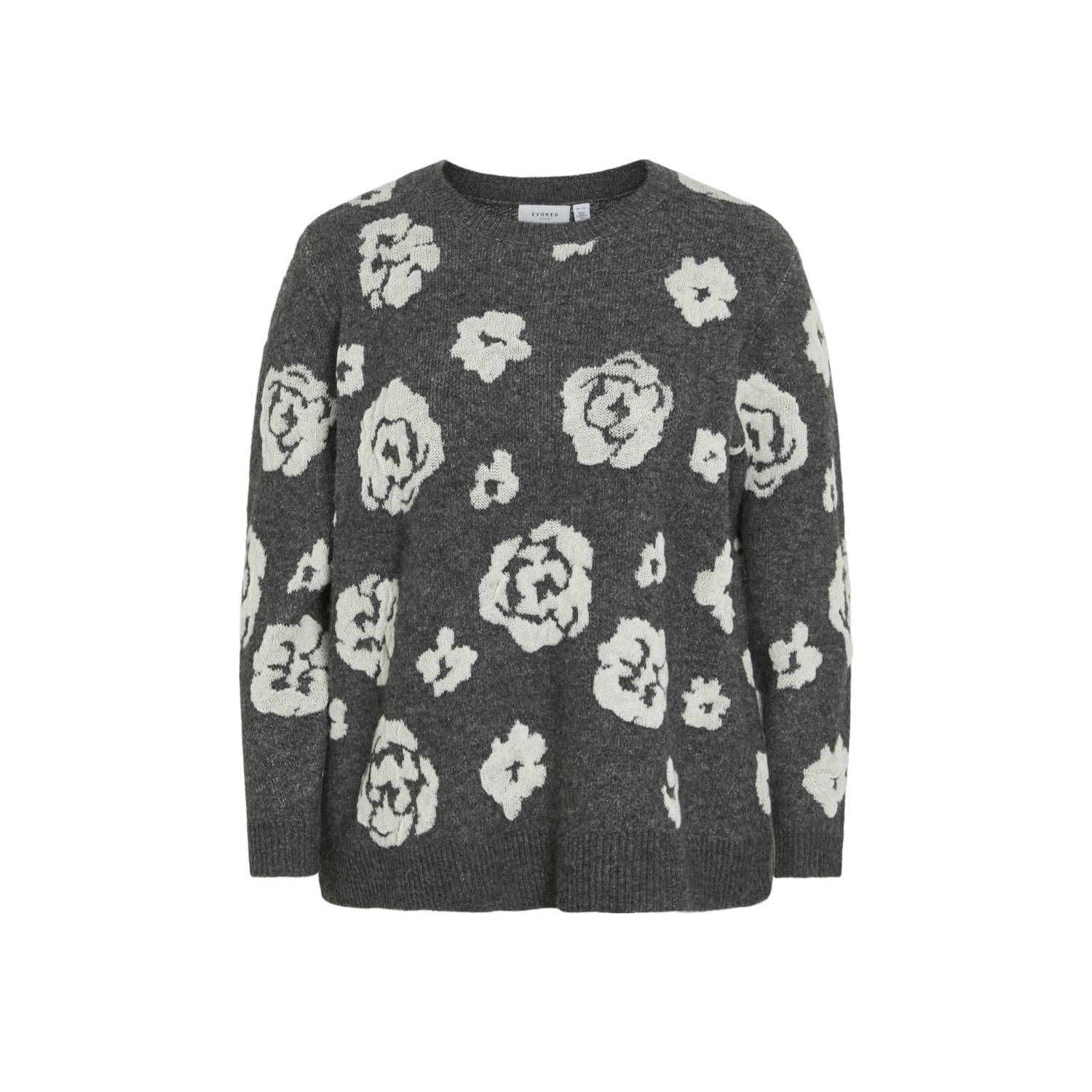 EVOKED VILA gebreide trui VISIYA met bloemenprint grijs melange ecru