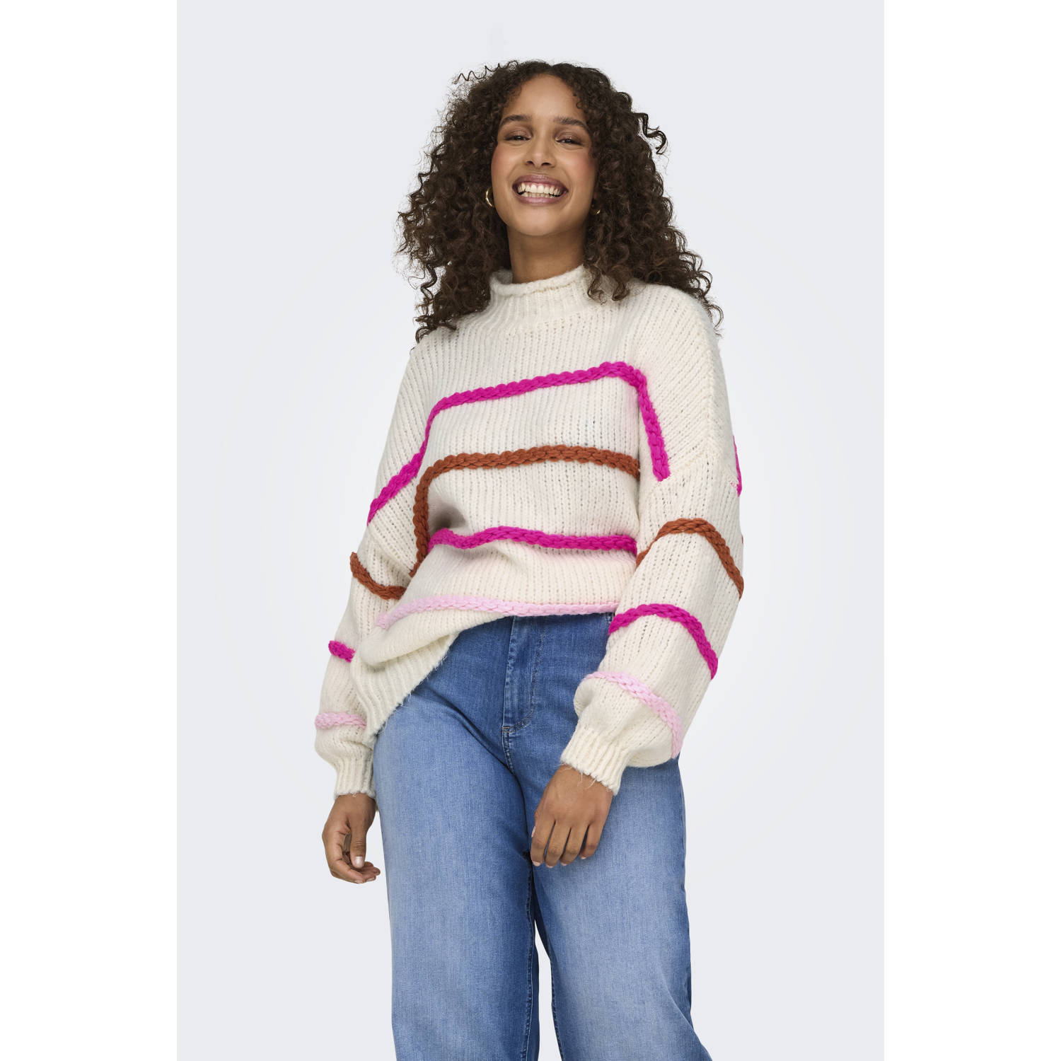 Only Carmakoma Gestreepte hoge hals gebreide top Beige Dames