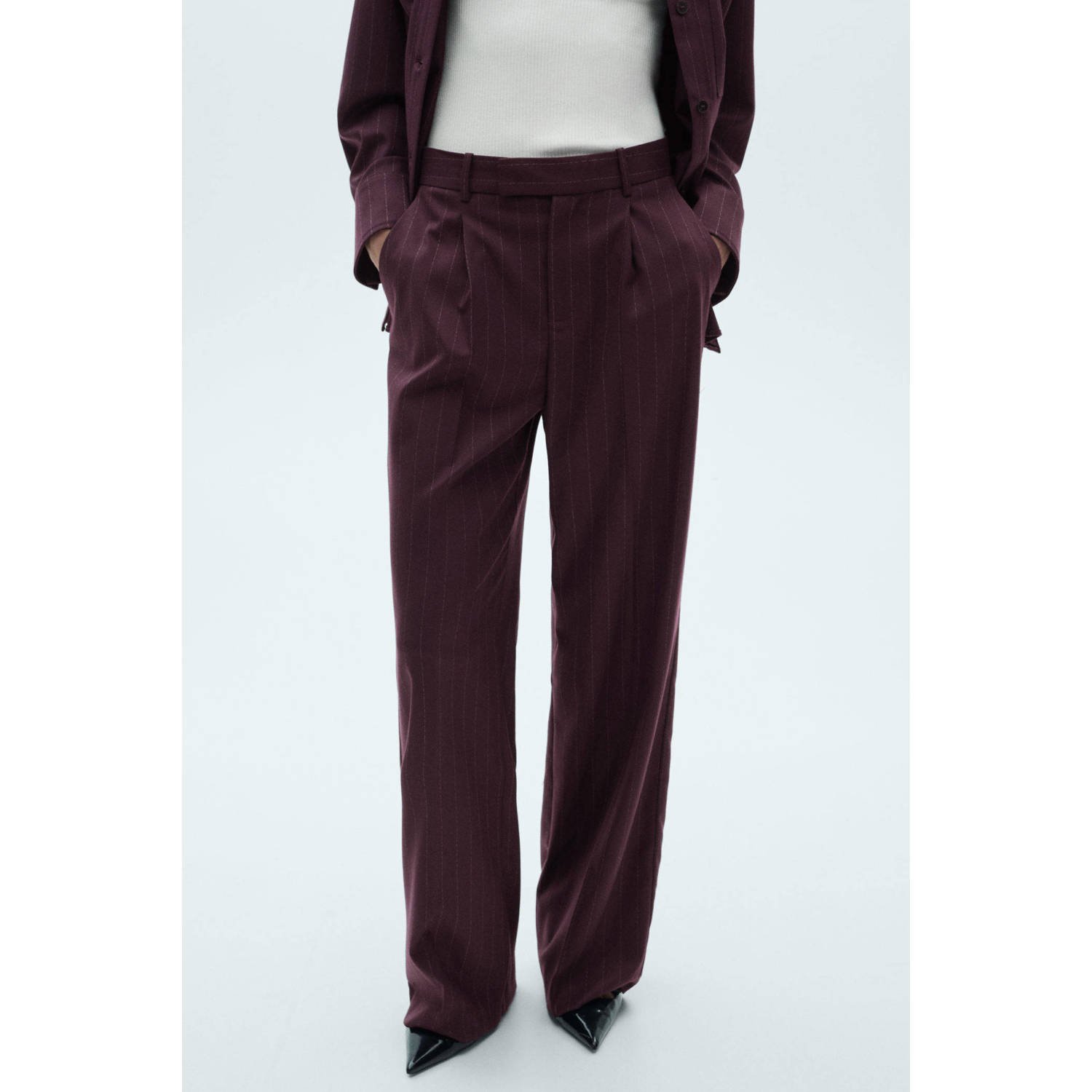 Mango wide leg pantalon met krijtstreep donkerrood