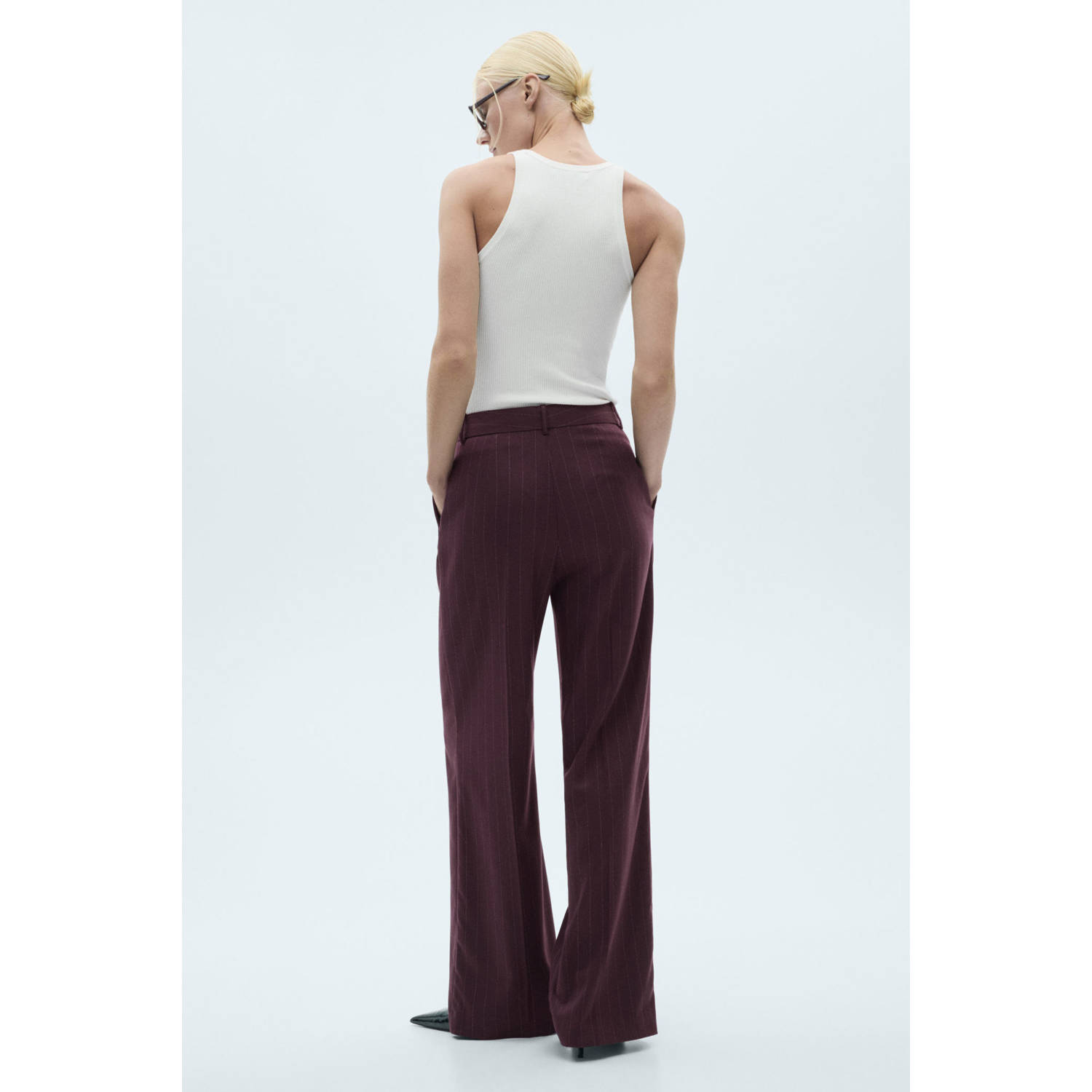 Mango wide leg pantalon met krijtstreep donkerrood