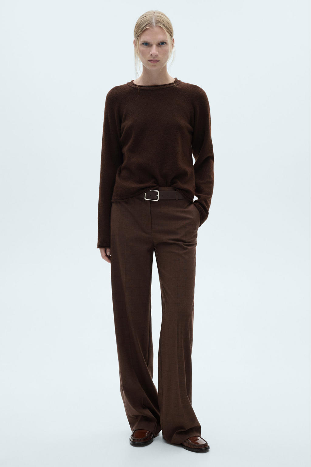 Bruine dames Mango geruite wide leg broek van polyester met regular waist en rits, haak- en knoopsluiting