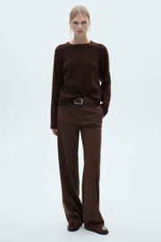 thumbnail: Bruine dames Mango geruite wide leg broek van polyester met regular waist en rits, haak- en knoopsluiting