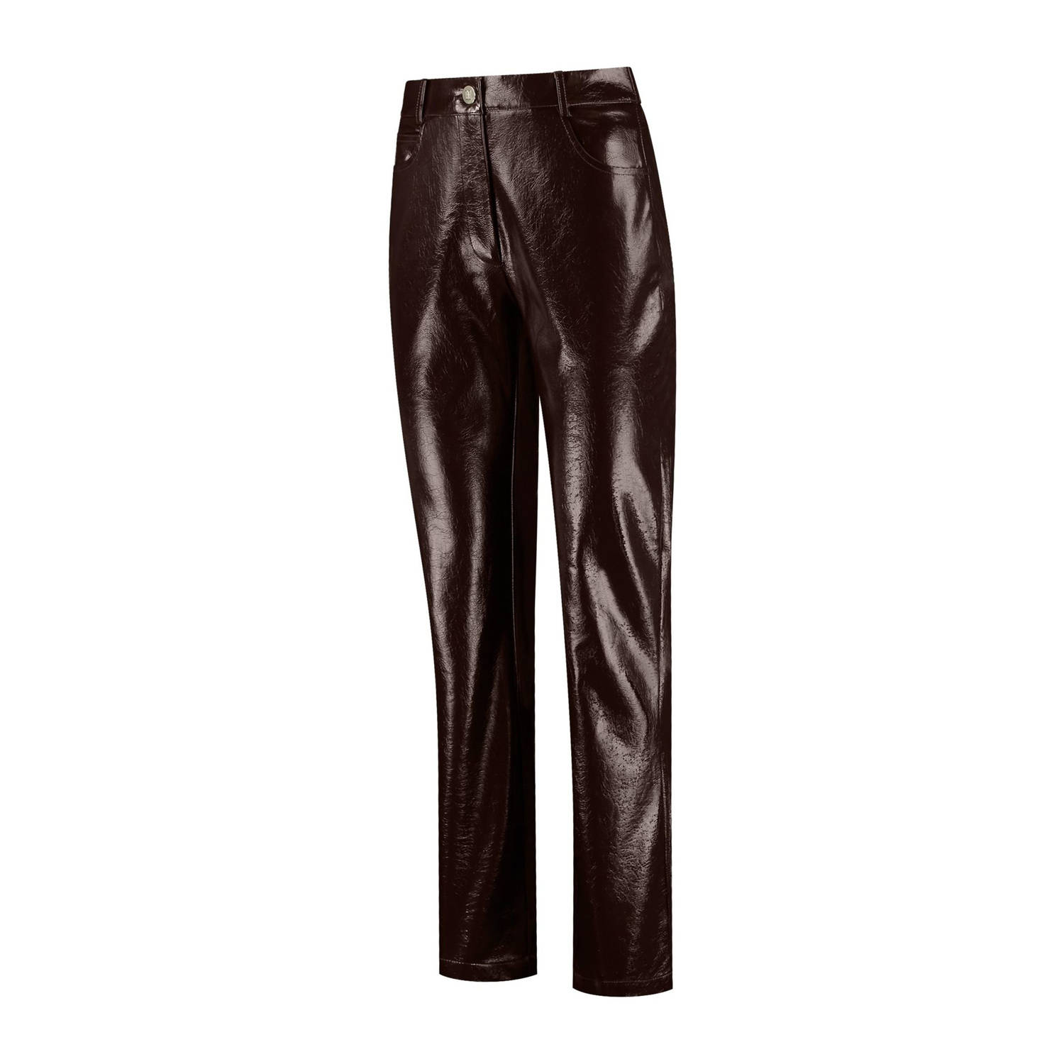 NIKKIE straight imitatieleren broek bruin