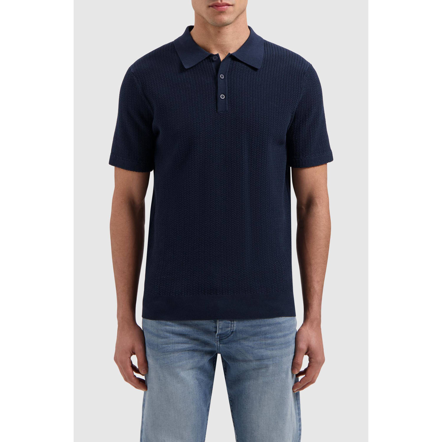 Pure Path regular polo met textuur donkerblauw
