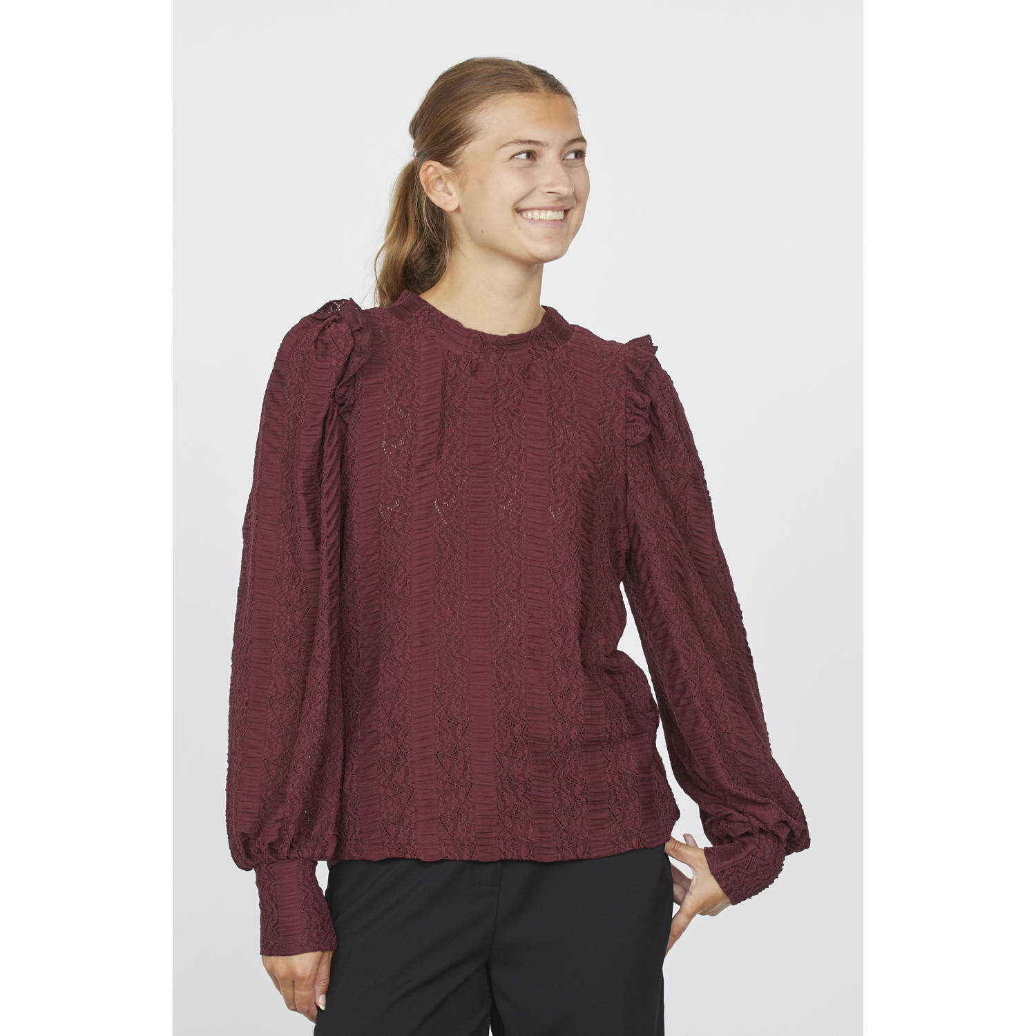 SisterS Point blousetop met ingebreid patroon donkerrood