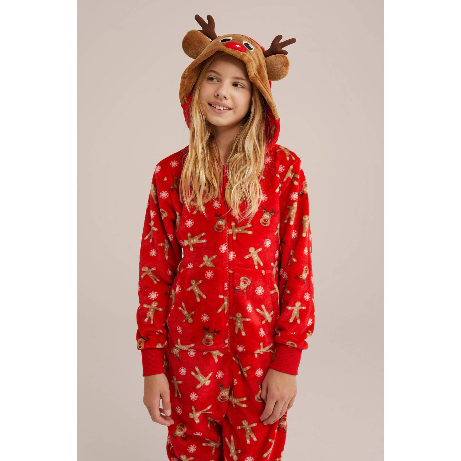 WE Fashion fleece onesie rood beige
