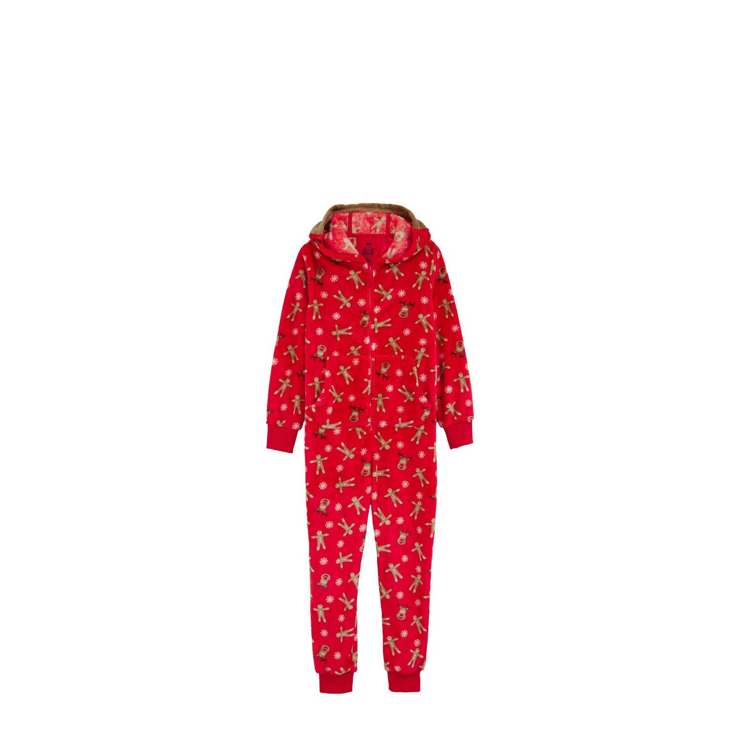 WE Fashion fleece onesie rood beige