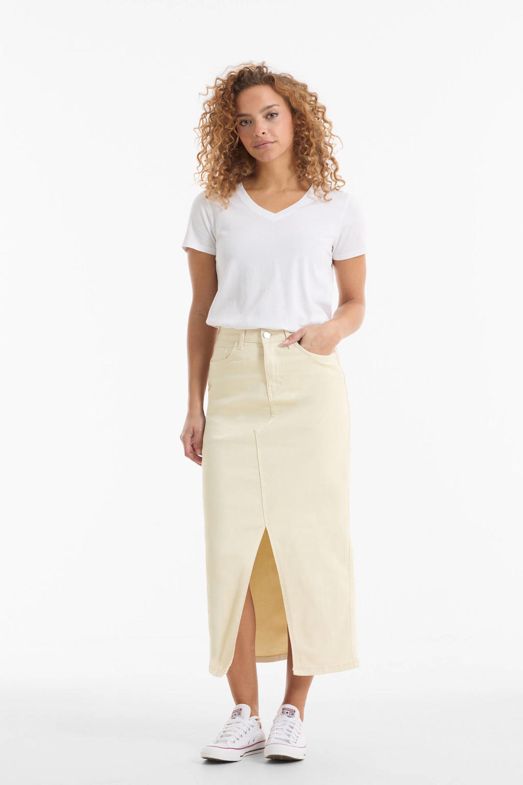 Ecru dames Anytime rok gemaakt van stretchdenim en met rits- en knoopsluiting