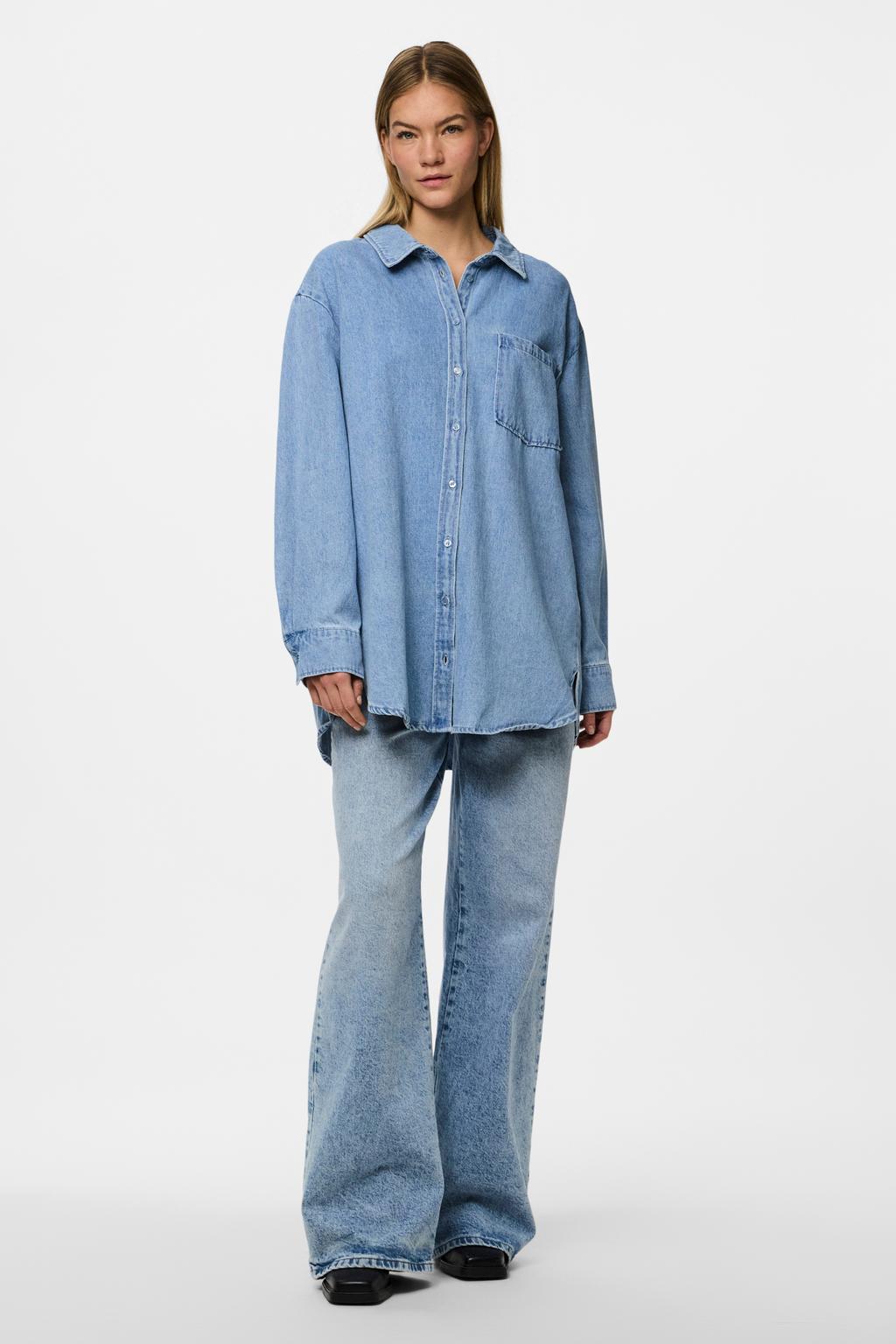 Light blue denim dames PIECES blouse van katoen met effen, lange mouwen, klassieke kraag en knoopsluiting