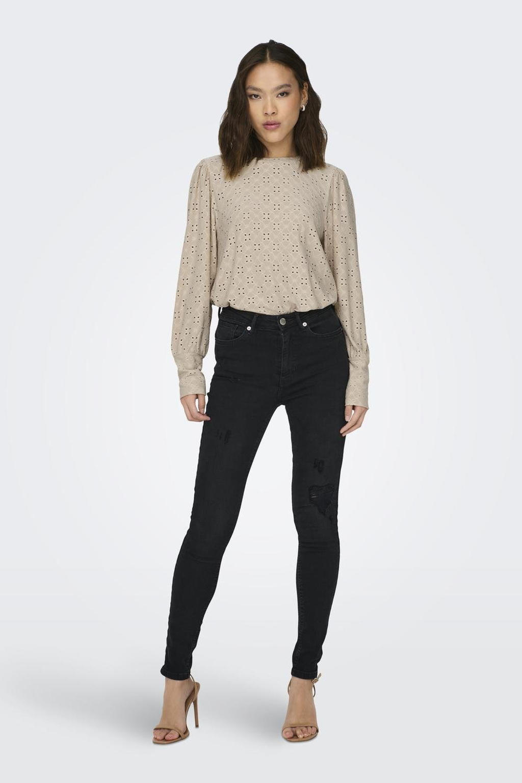 Beige dames JDY top van polyester met effen, lange mouwen, ronde hals en open breisel