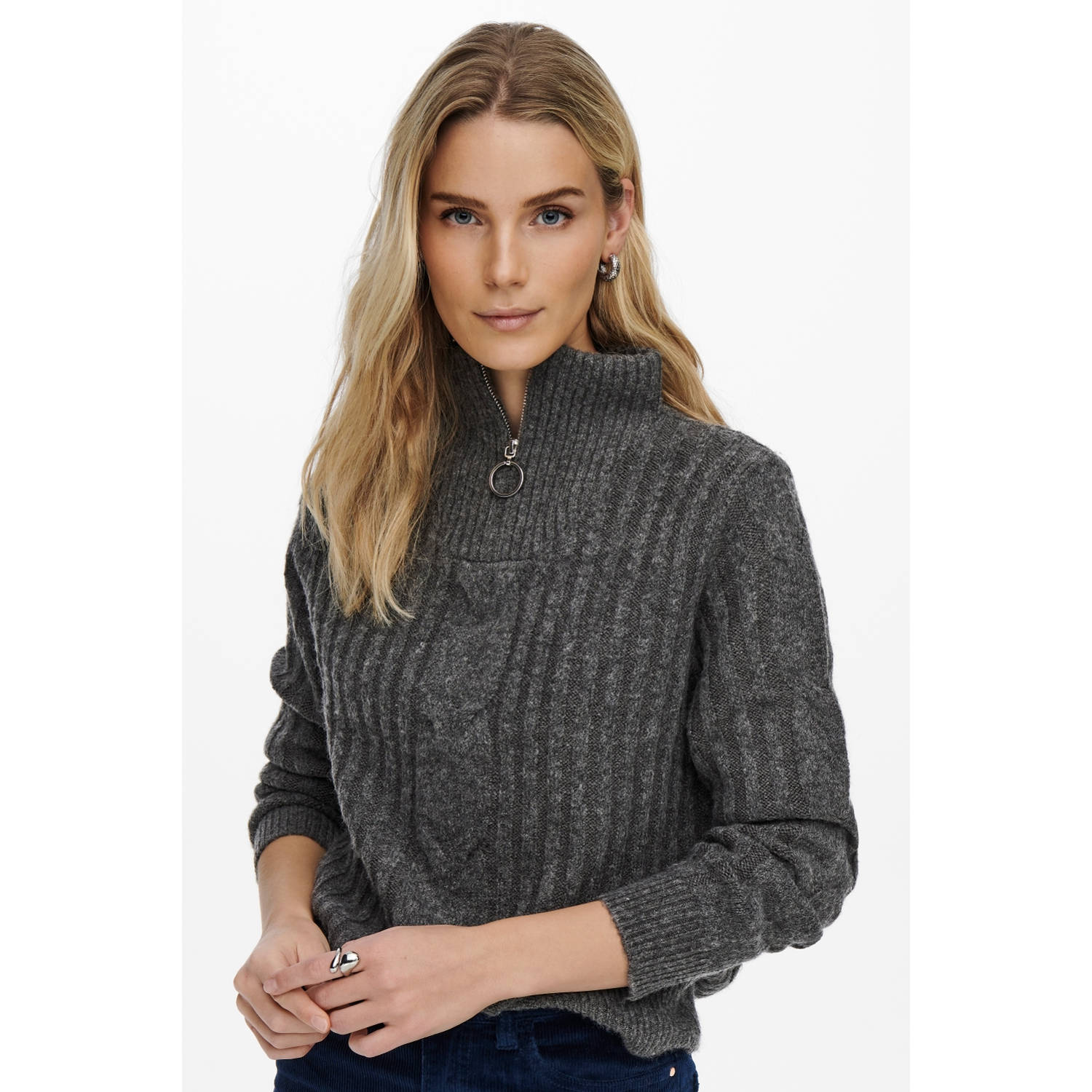 JDY Trui met staande kraag ANDREA L S ZIP CABLE PULLOVE KNT NOOS