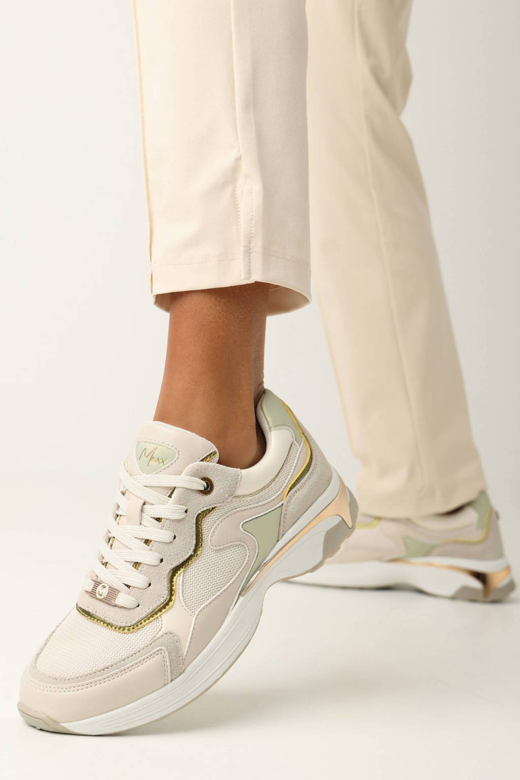 Mexx Portia Love chunky sneakers ecru/lichtgroen wehkamp