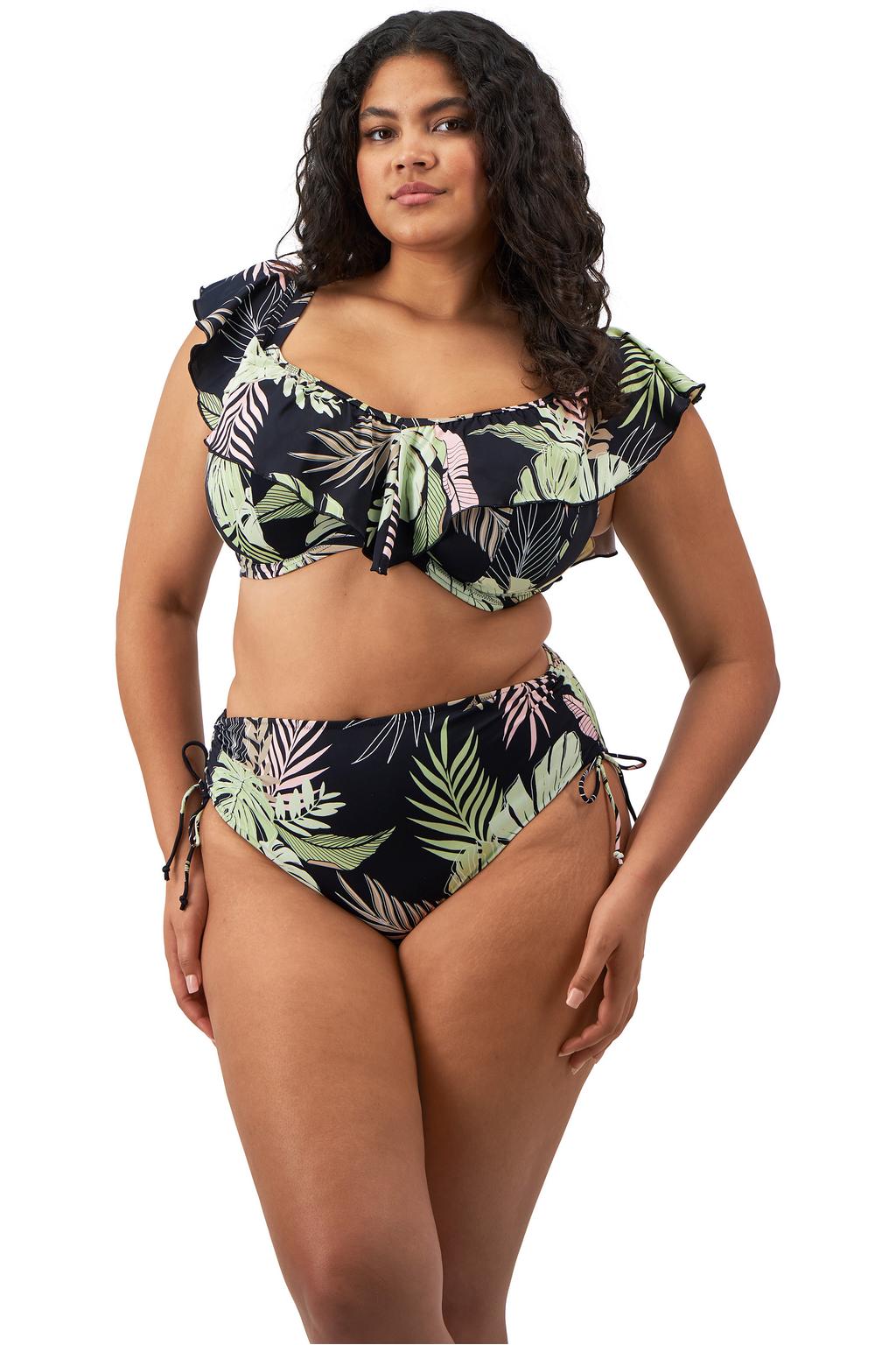 Elomi high waist bikinibroekje Tropical Retreat zwart/lichtgroen/roze