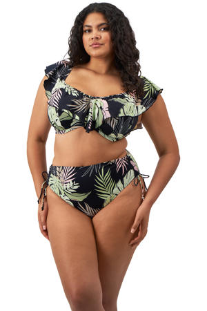 high waist bikinibroekje Tropical Retreat zwart/lichtgroen/roze