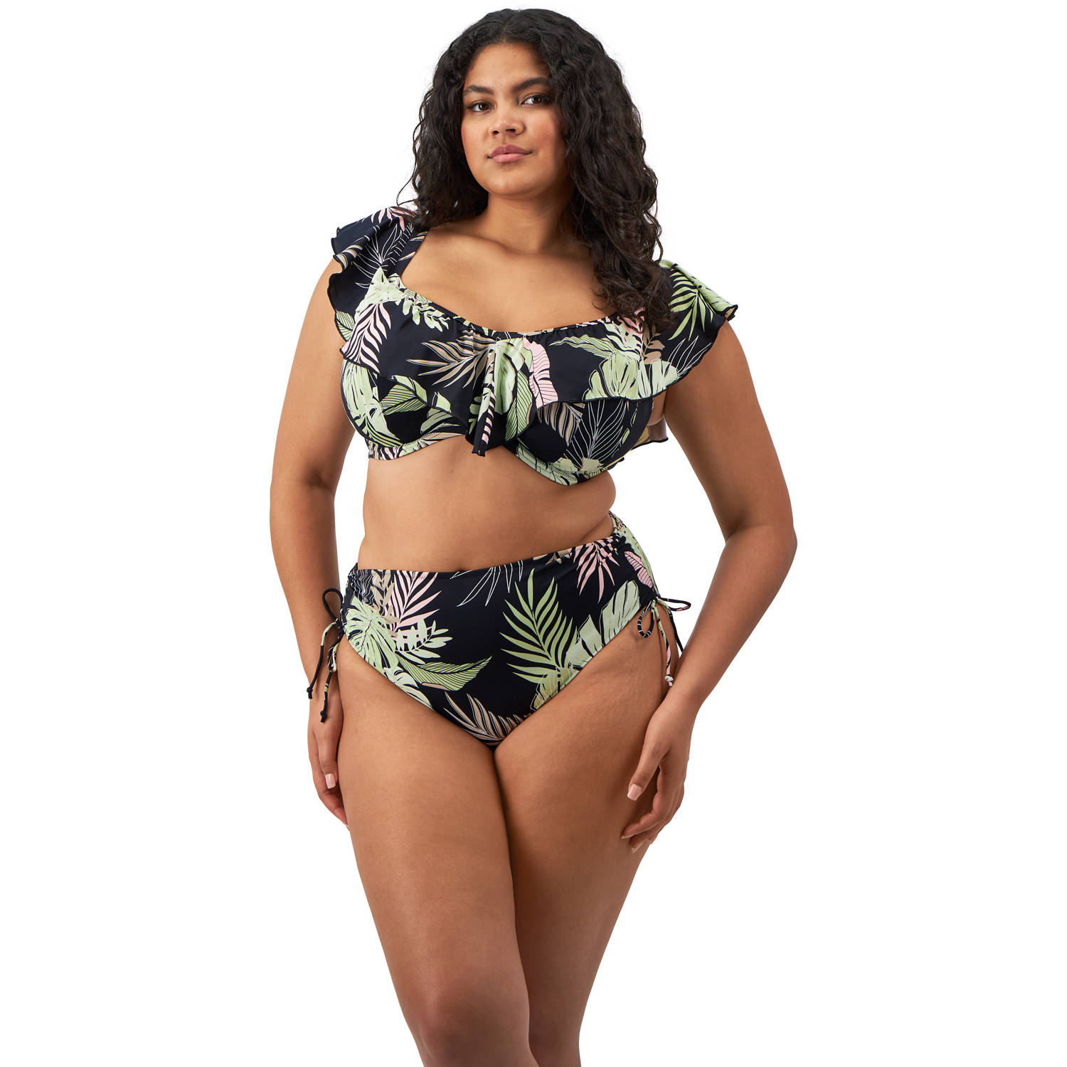 Elomi bikinislip Tropical Retreat zwart lichtgroen roze