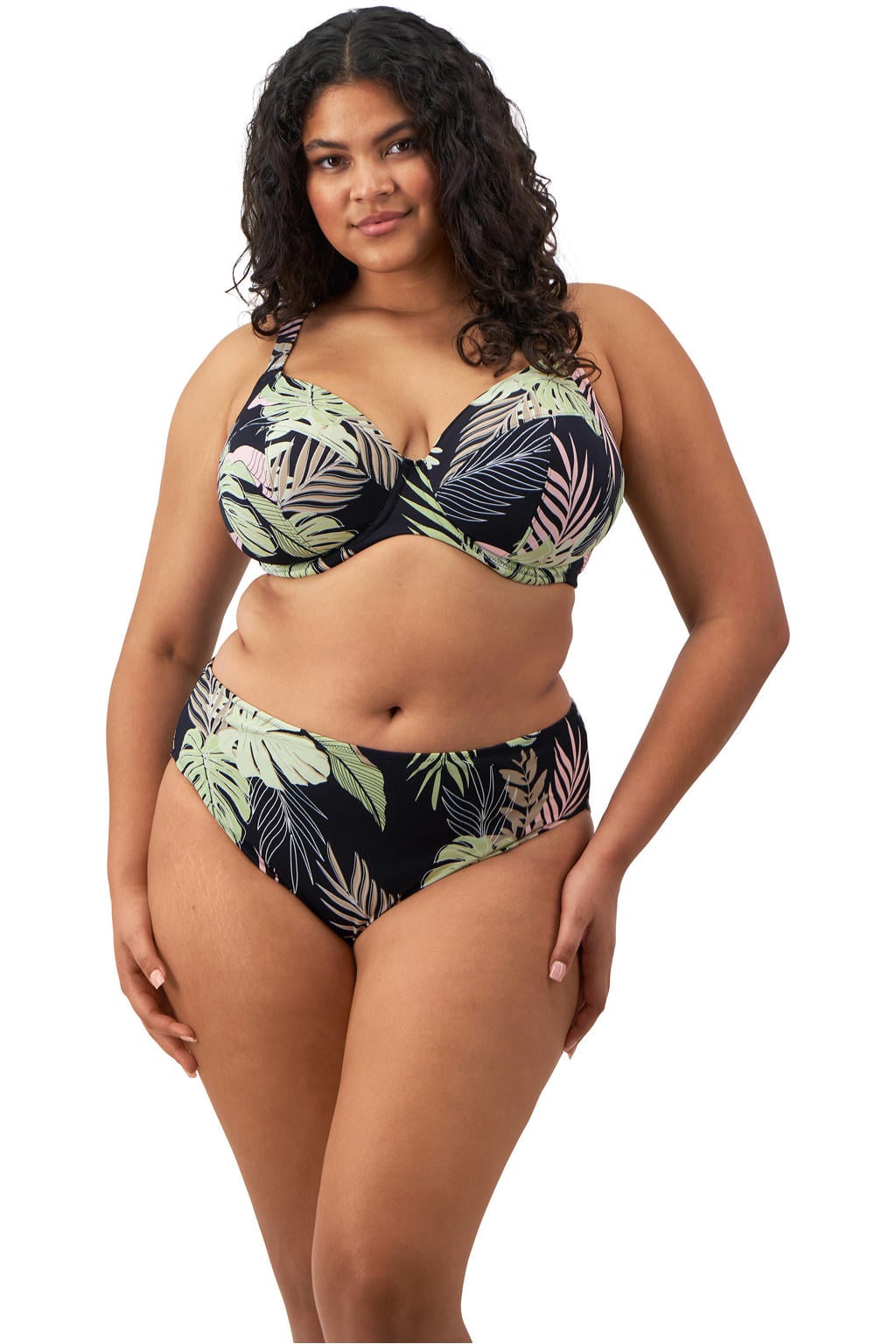 Elomi niet-voorgevormde beugel bikinitop Tropical Retreat zwart/lichtgroen/roze
