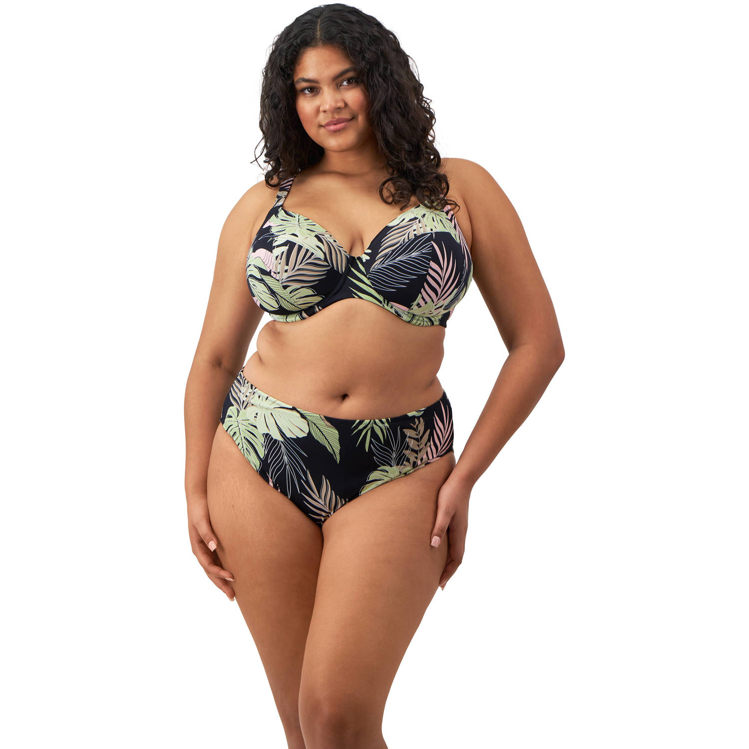 Elomi niet-voorgevormde beugel bikinitop Tropical Retreat zwart lichtgroen roze