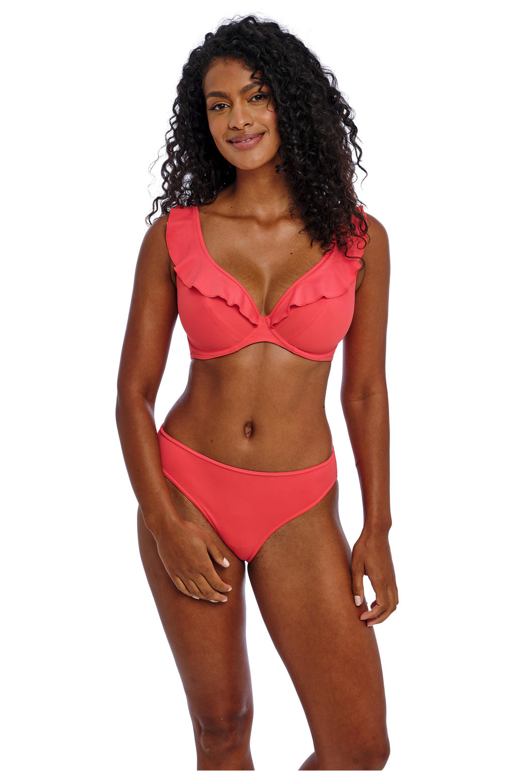 Freya niet-voorgevormde beugel bikinitop Jewel Cove met ruches koraalrood