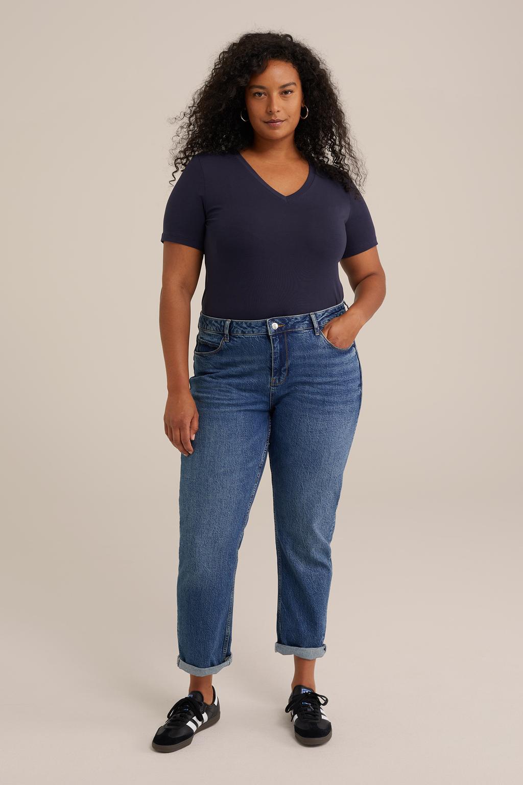 Donkerblauwe dames WE Fashion Curve T-shirt van katoen met effen, korte mouwen en V-hals