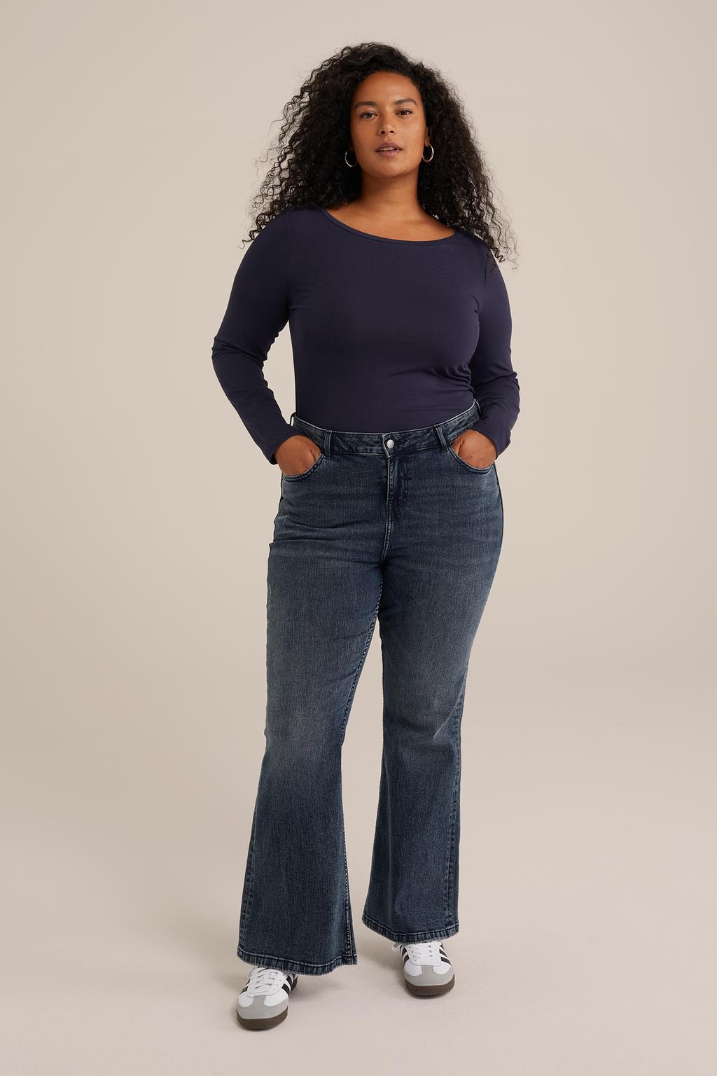 Donkerblauwe dames WE Fashion Curve longsleeve van katoen met effen, lange mouwen en boothals