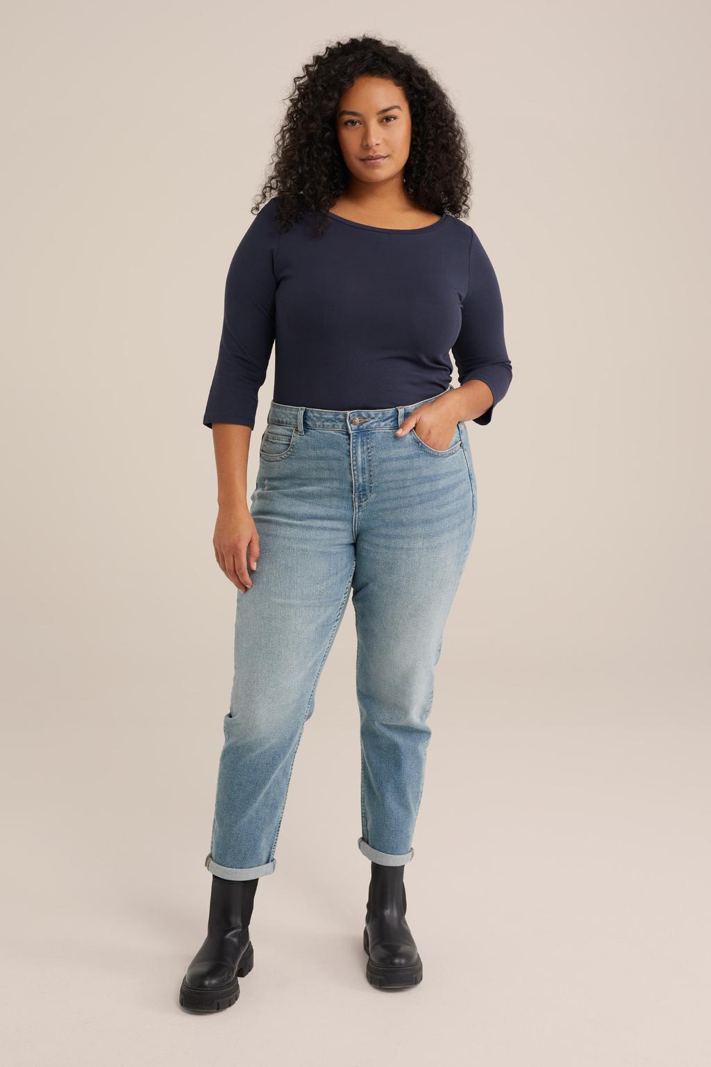 Donkerblauwe dames WE Fashion Curve T-shirt van katoen met effen, driekwart mouwen en boothals