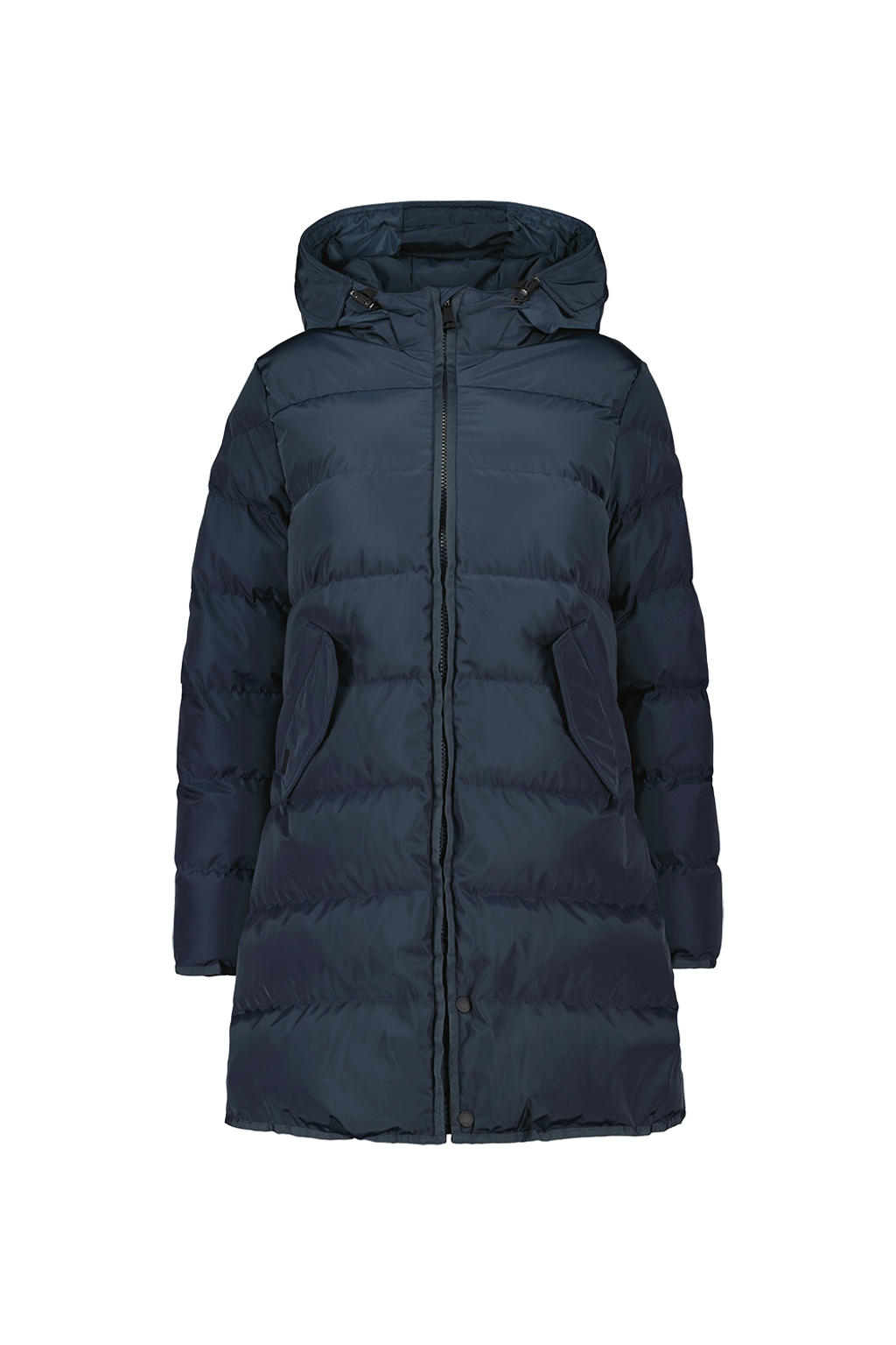 Marineblauwe dames Airforce gewatteerde winterjas van polyester met effen, lange mouwen, capuchon, ritssluiting en doorgestikte details