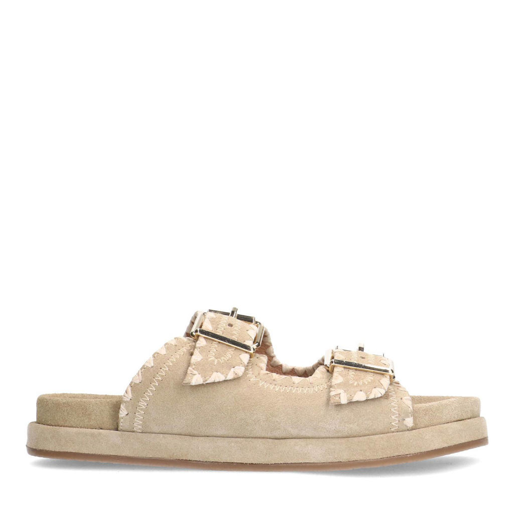Beige dames Manfield suède slippers met gesp