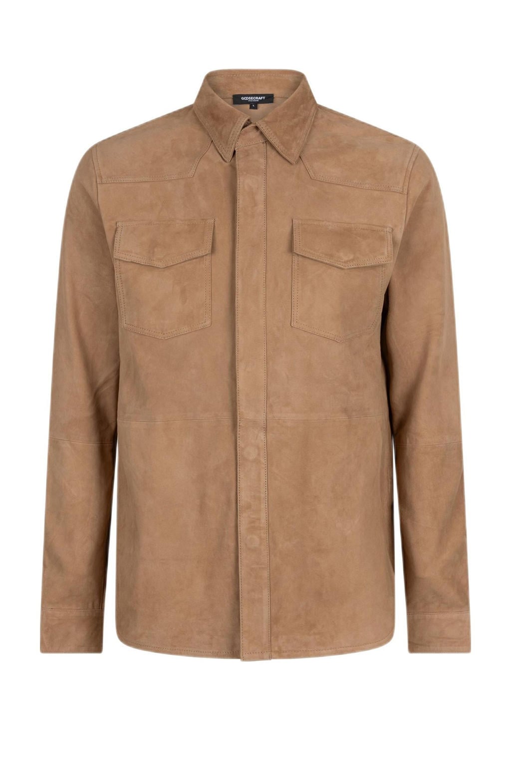 Bruine heren Goosecraft suede jas Wyatt met effen, lange mouwen en drukknoopsluiting