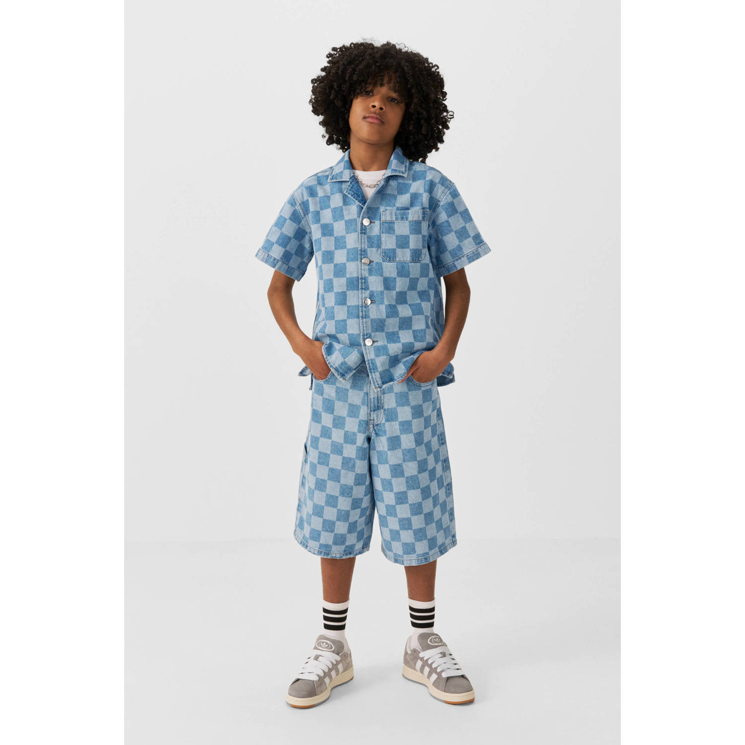 Coolcat denim overhemd Cole met checkerboard print blauw