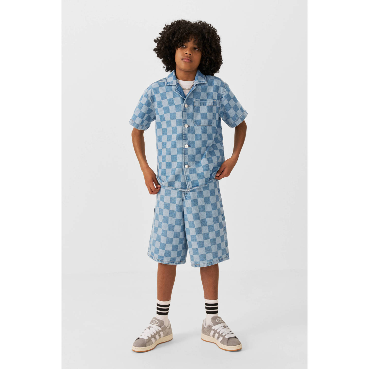 Coolcat denim overhemd Cole met checkerboard print blauw