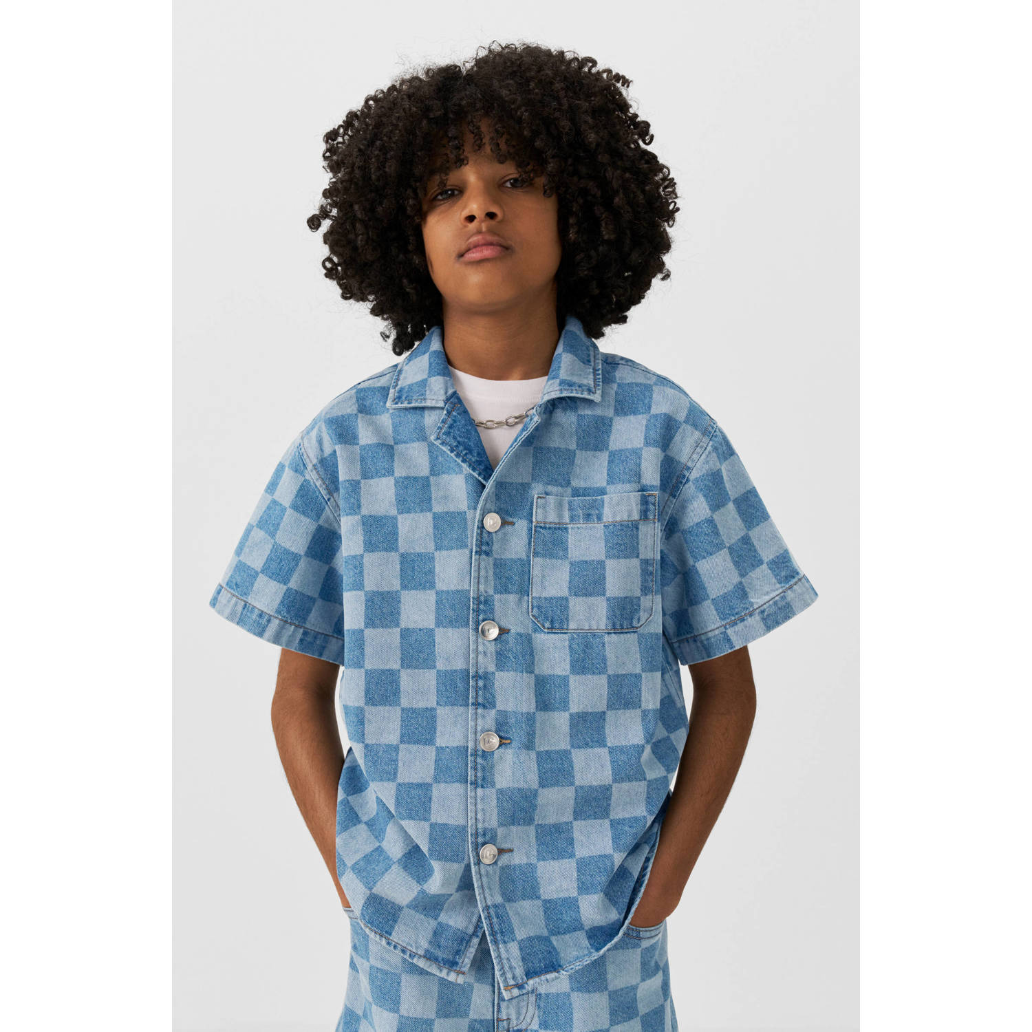 Coolcat denim overhemd Cole met checkerboard print blauw