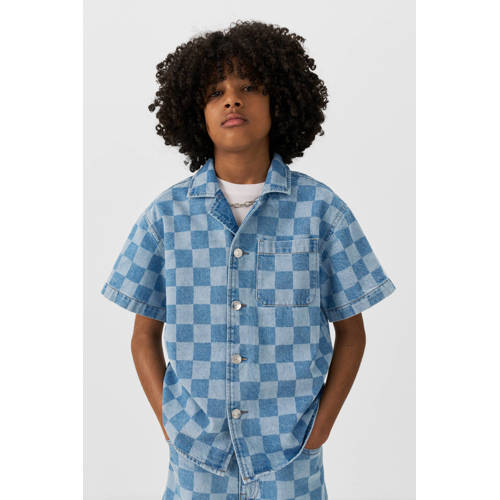 Coolcat denim overhemd Cole met checkerboard print blauw afbeelding