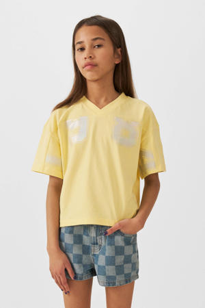 denim short Hailey met checkerboard print blauw
