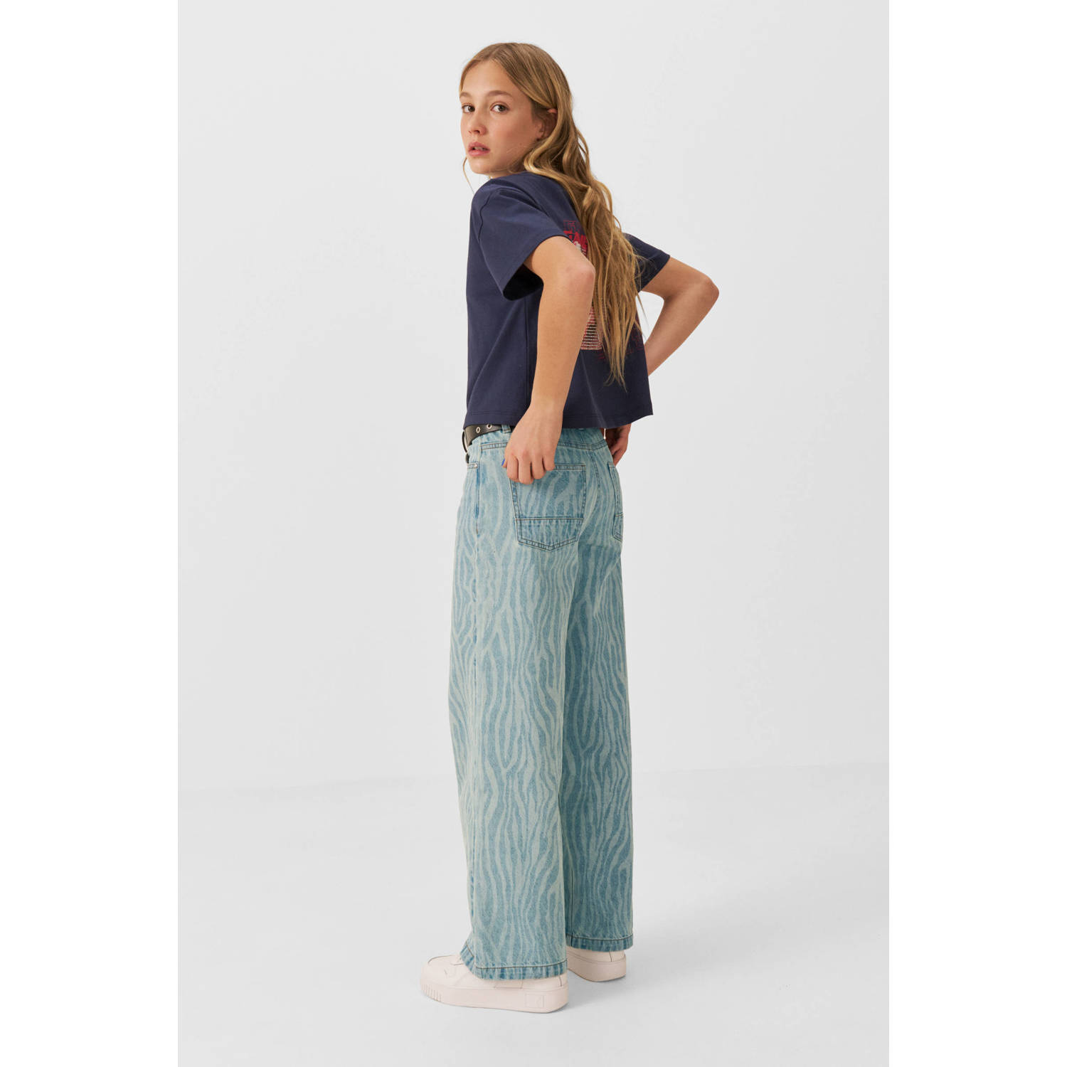 Coolcat wide leg jeans June met zebraprint blauw
