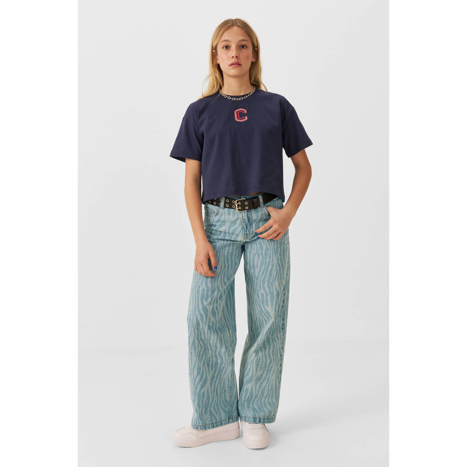 Coolcat wide leg jeans June met zebraprint blauw