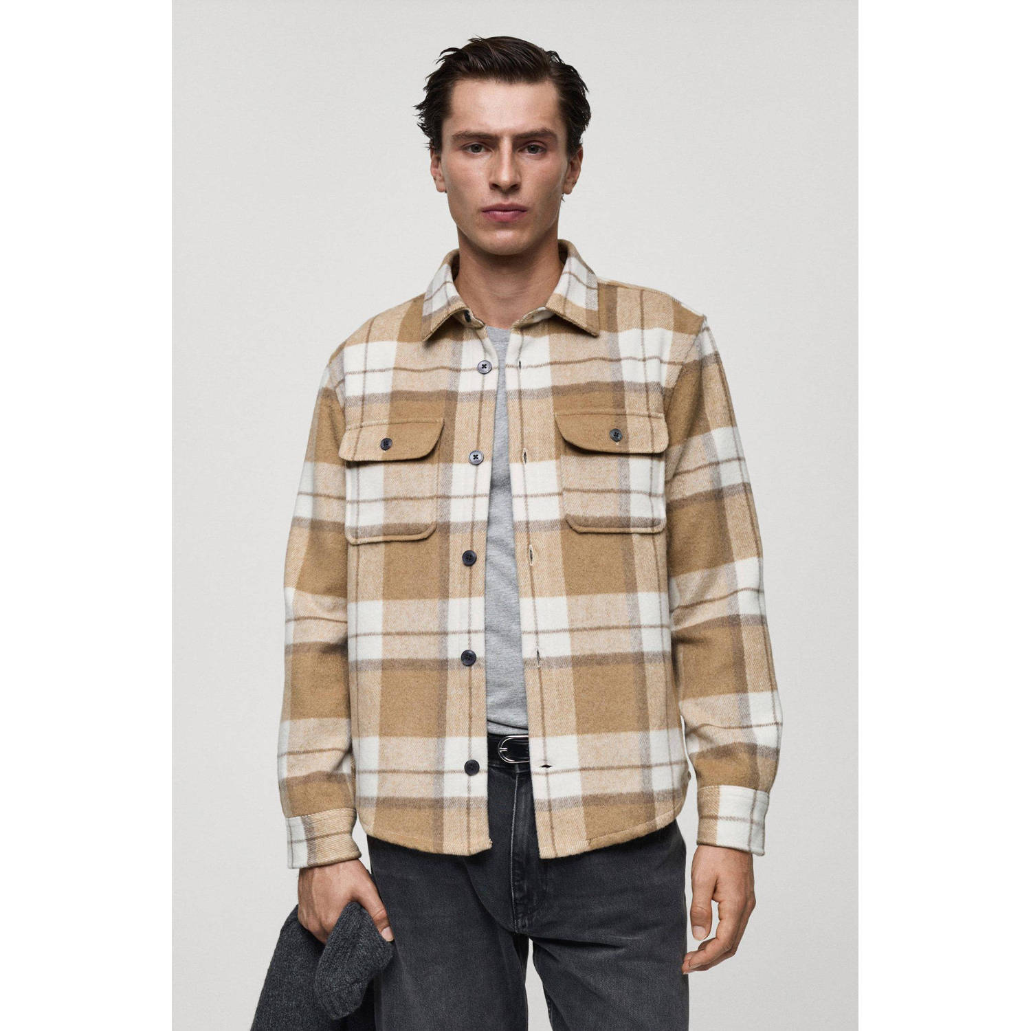 Mango Man geruit overshirt met wol beige