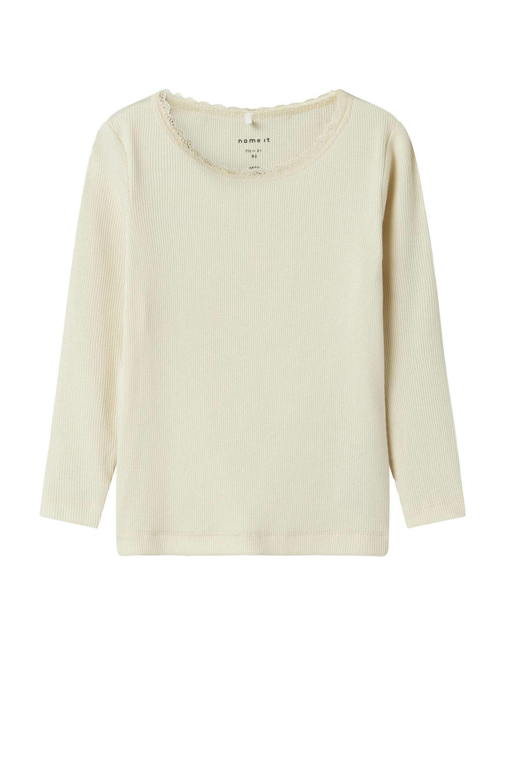 Zandkleurige meisjes NAME IT MINI ribgebreide longsleeve van stretchkatoen met effen, lange mouwen en ronde hals