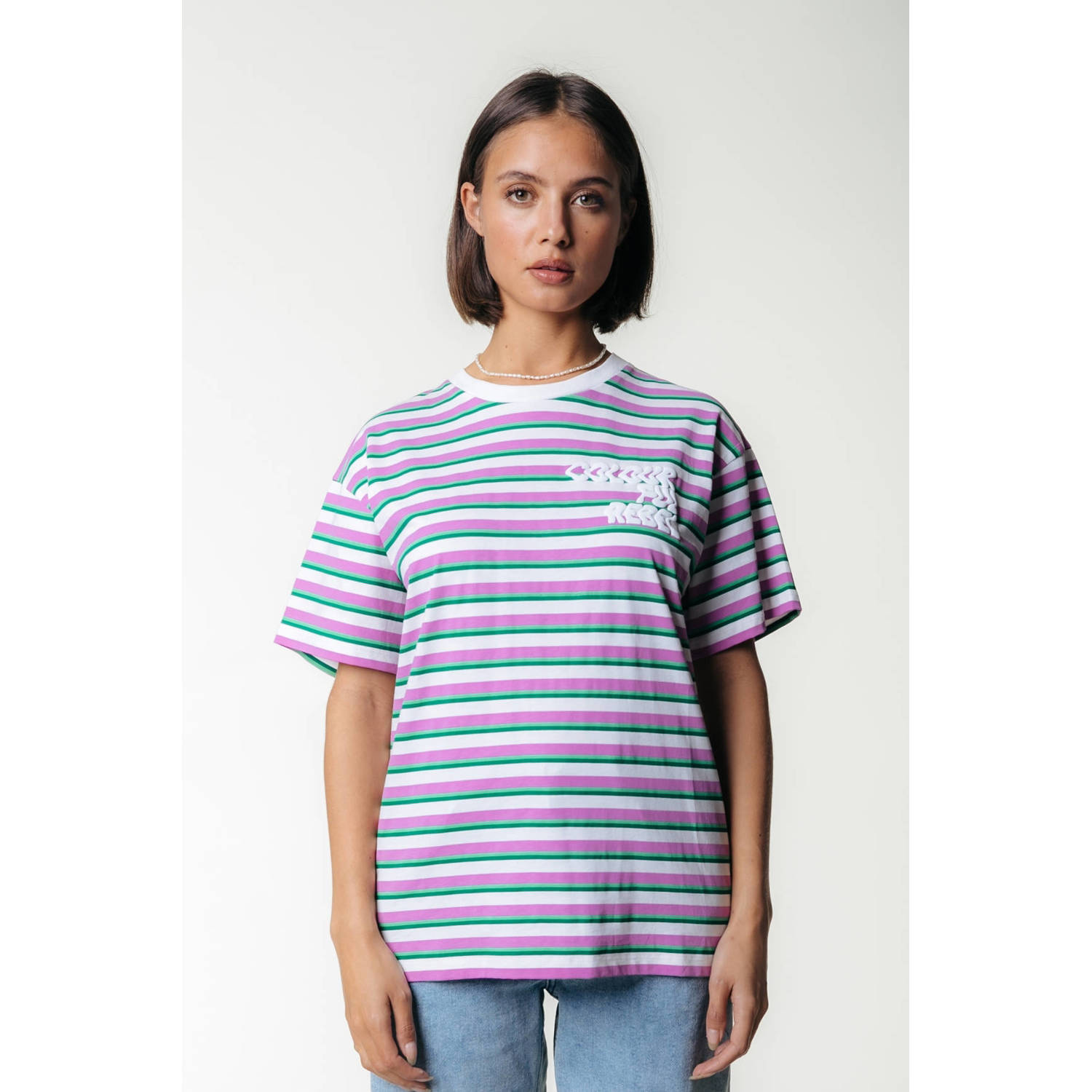 Colourful Rebel Puff Logo Stripe Loosefit Tee Pink Dames
