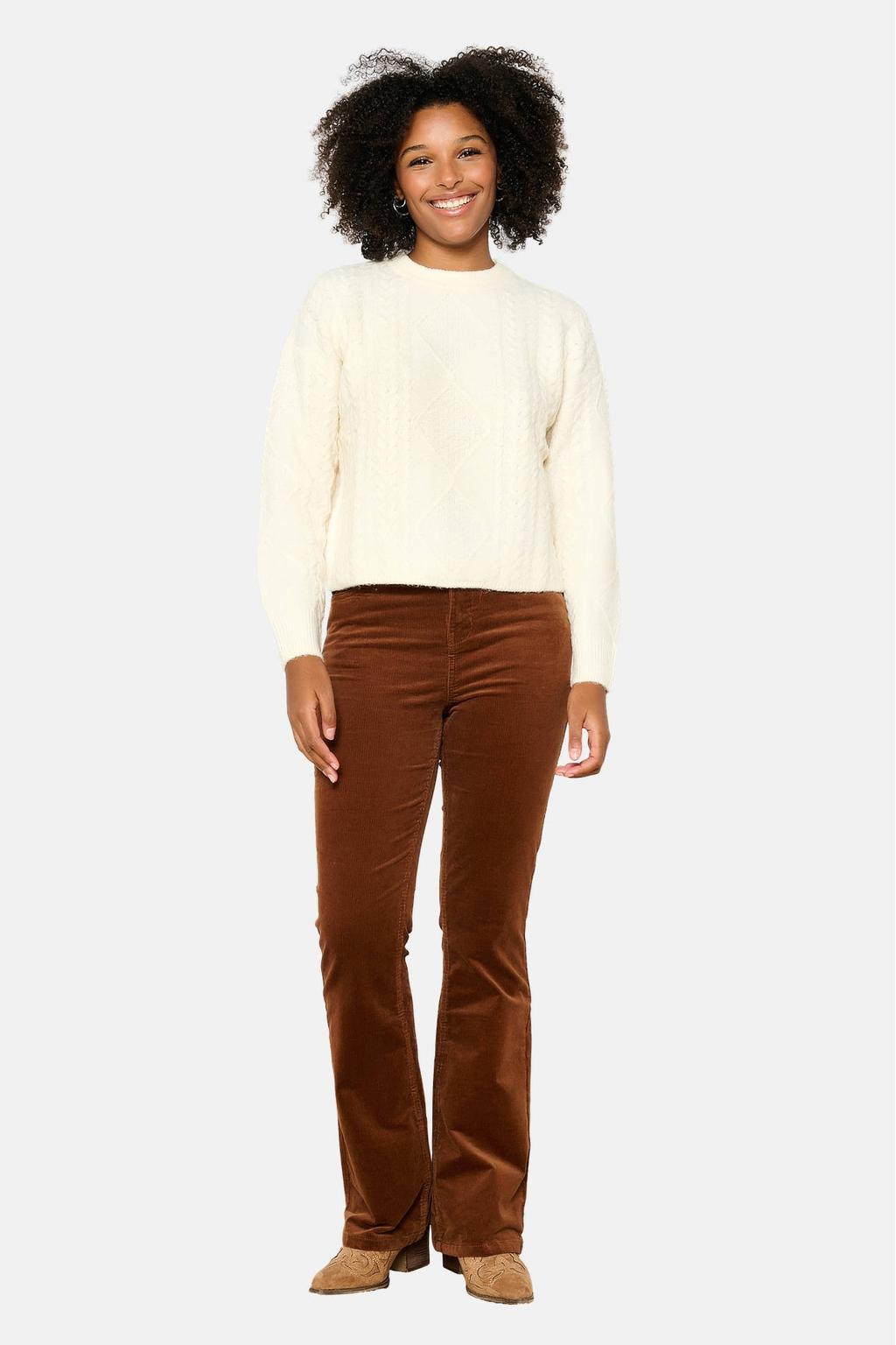 Ecru dames LOLALIZA gebreide trui van polyester met effen, lange mouwen, ronde hals en kabel details