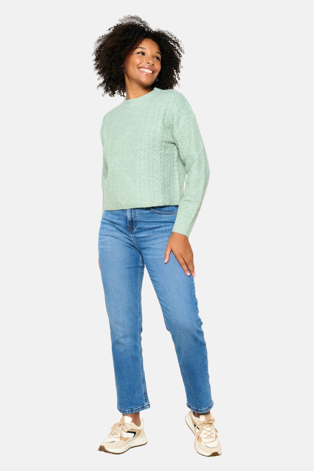 Mintgroene dames LOLALIZA gebreide trui van polyester met effen, lange mouwen, ronde hals en kabel details