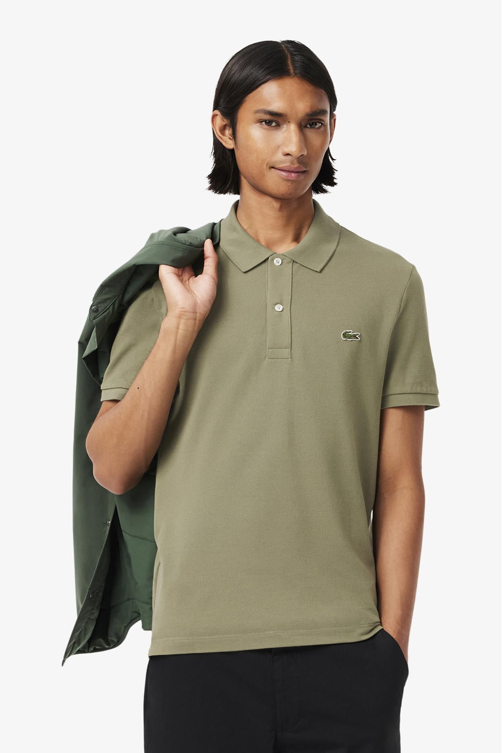Kakikleurige heren Lacoste slim polo van katoen met effen, korte mouwen en klassieke kraag