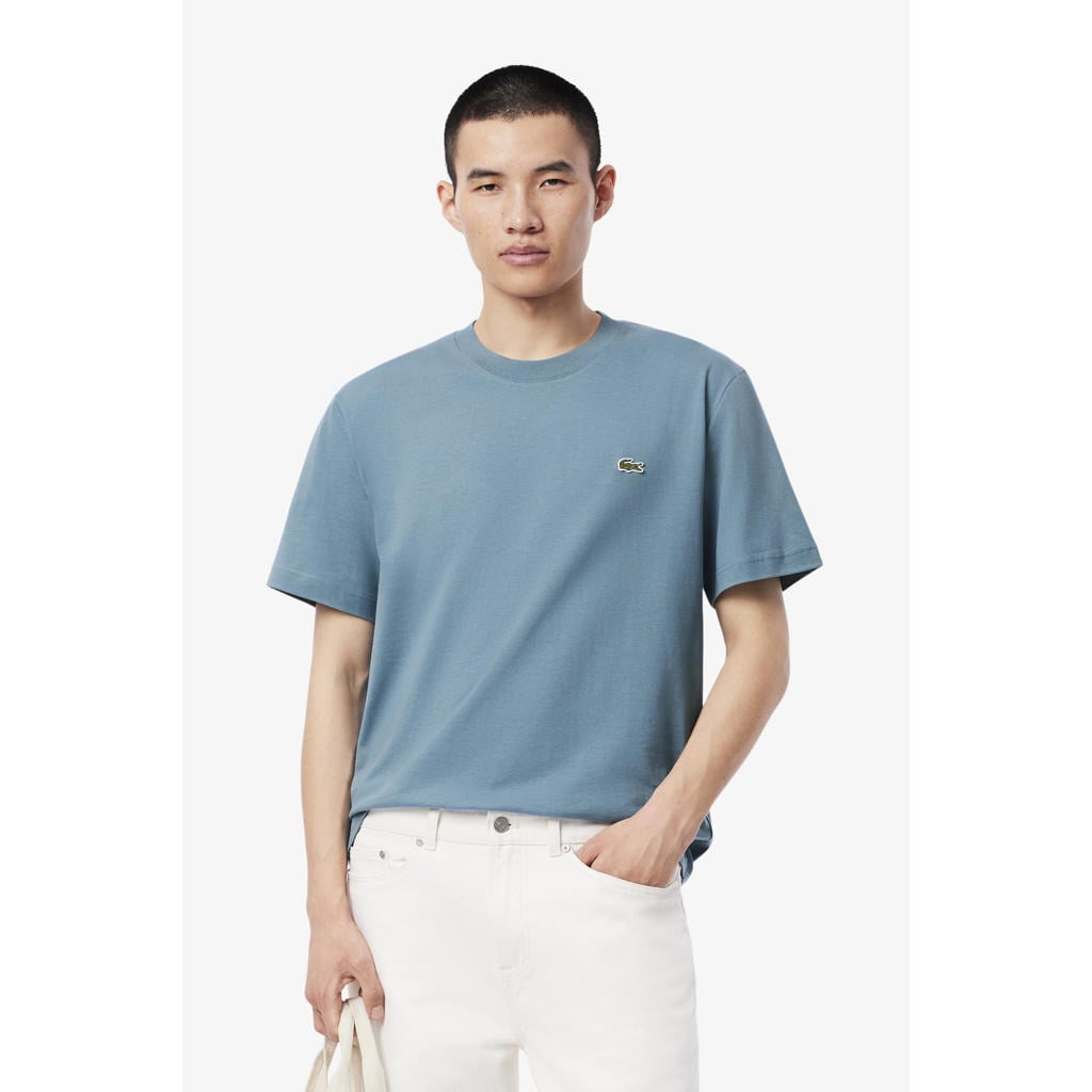 Blauwe heren Lacoste T-shirt van katoen met logo dessin, korte mouwen en ronde hals