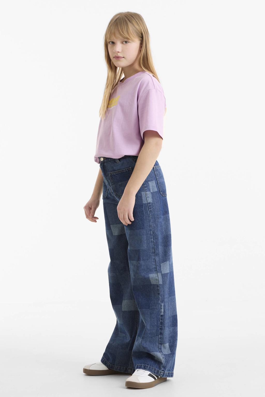 Blauwe meisjes Me & My Monkey patchwork jeans van katoen met regular fit, regular waist en knoopsluiting