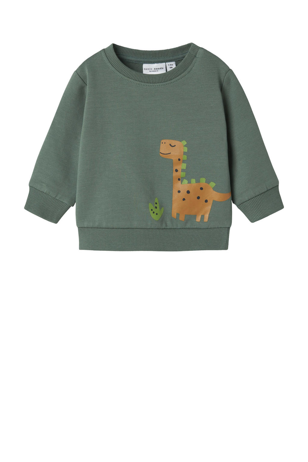 Donkergroene jongens NAME IT BABY sweater met printopdruk, lange mouwen en ronde hals