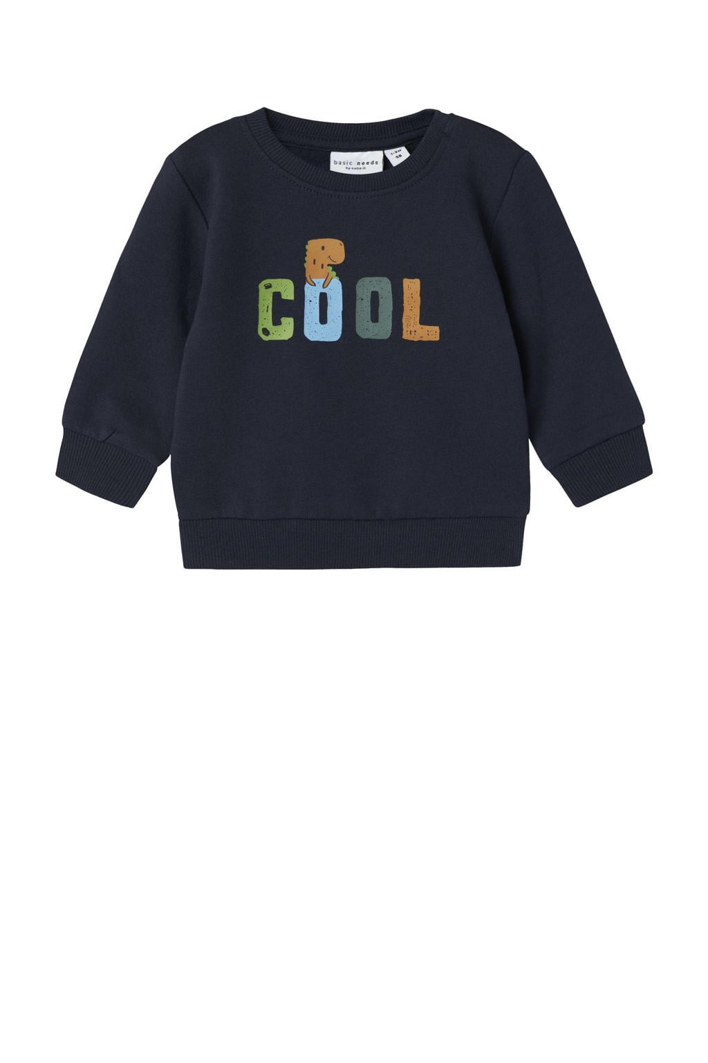 Donkerblauwe jongens NAME IT BABY sweater met printopdruk, lange mouwen en ronde hals